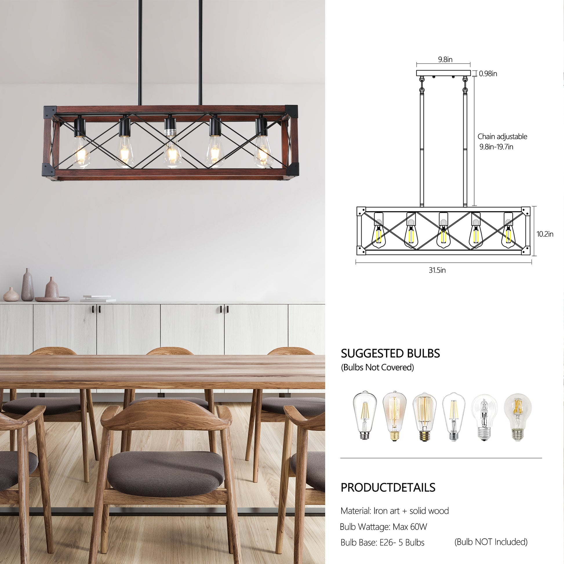 Farmhouse dining room chandelier with dark wood frame and black metal accents