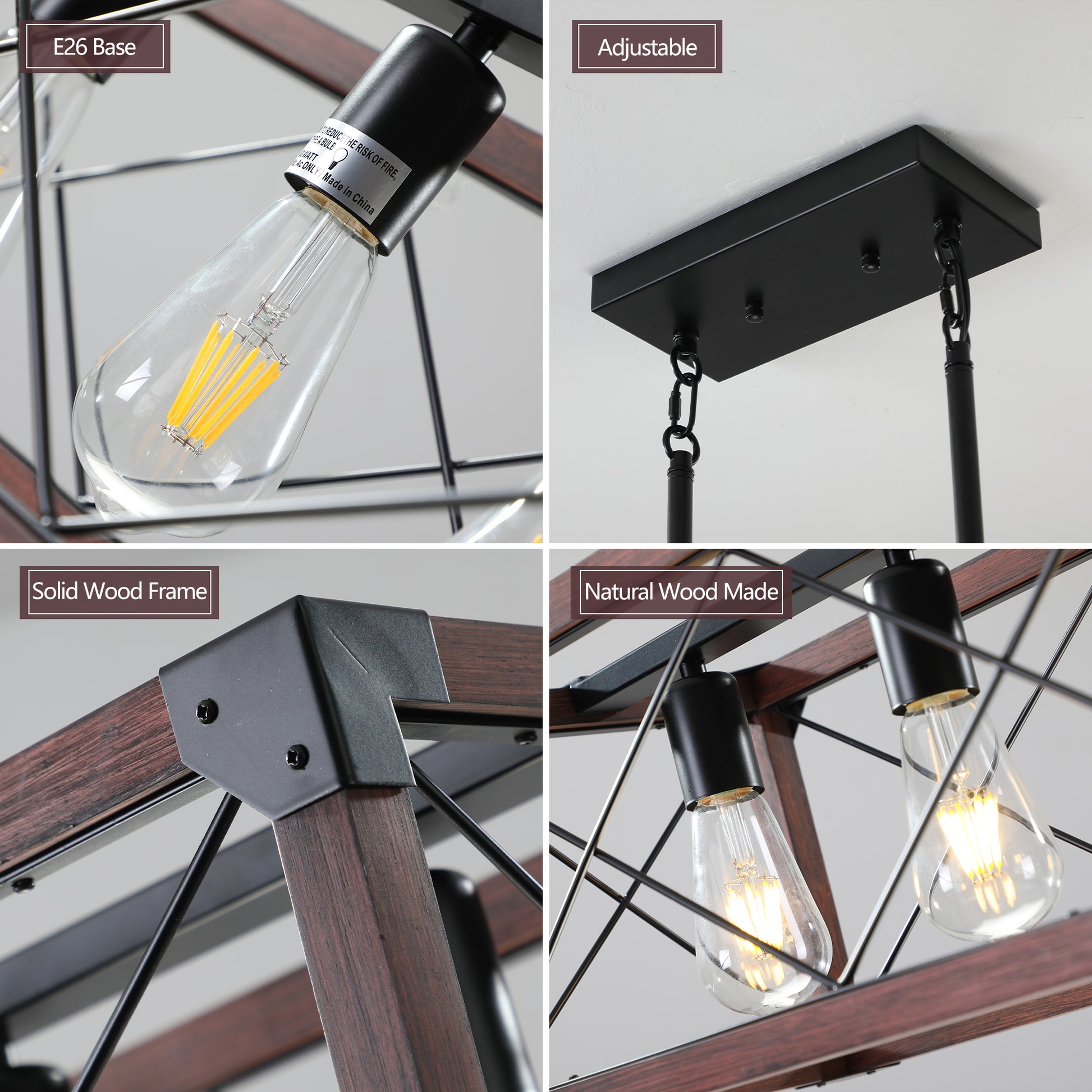 E base Edison bulb with exposed filament part of a black metal chandelier