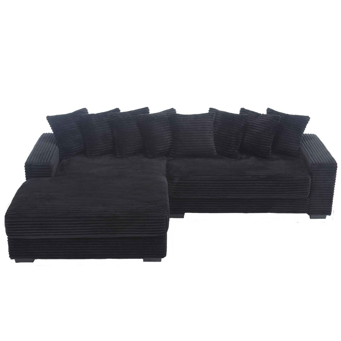 Black corduroy sectional sofa with plush pillows perfect for modern living rooms