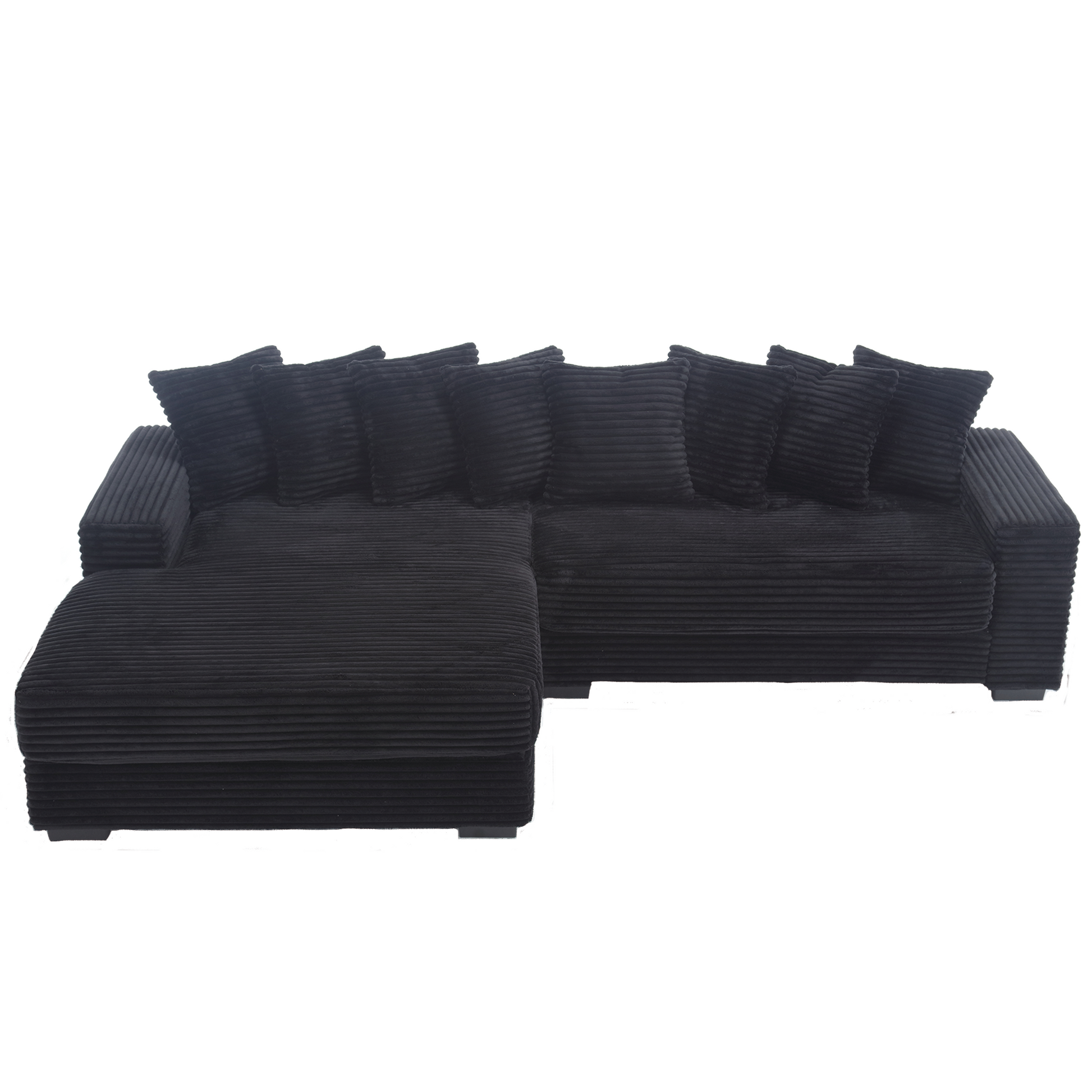 Black corduroy sectional sofa with plush pillows perfect for modern living rooms