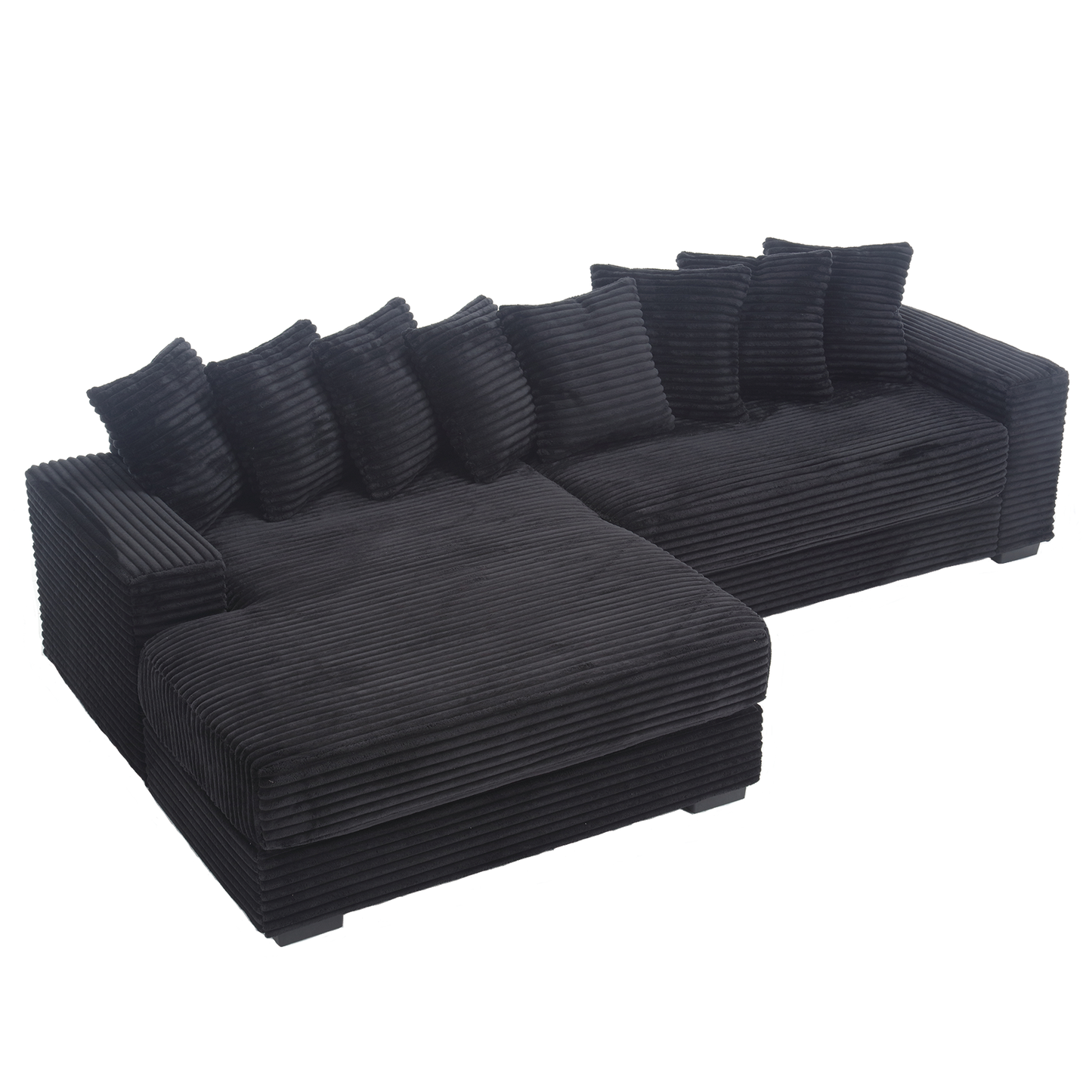 Black corduroy Lshaped sectional sofa with plush cushions modern design for living rooms