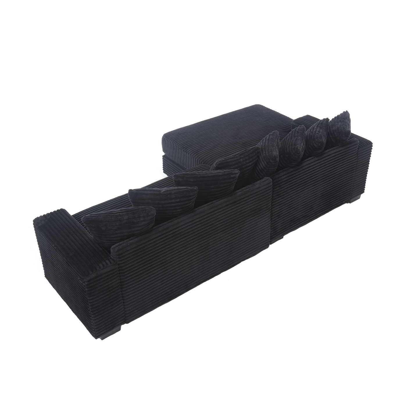 Black corduroy sectional sofa with plush throw pillows modern living room furniture