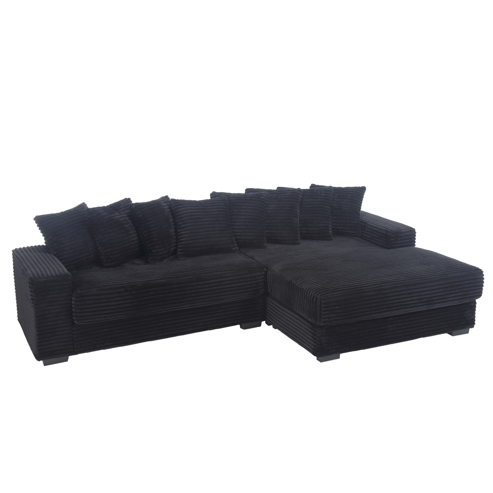 Black corduroy sectional sofa with matching throw pillows perfect for modern living rooms