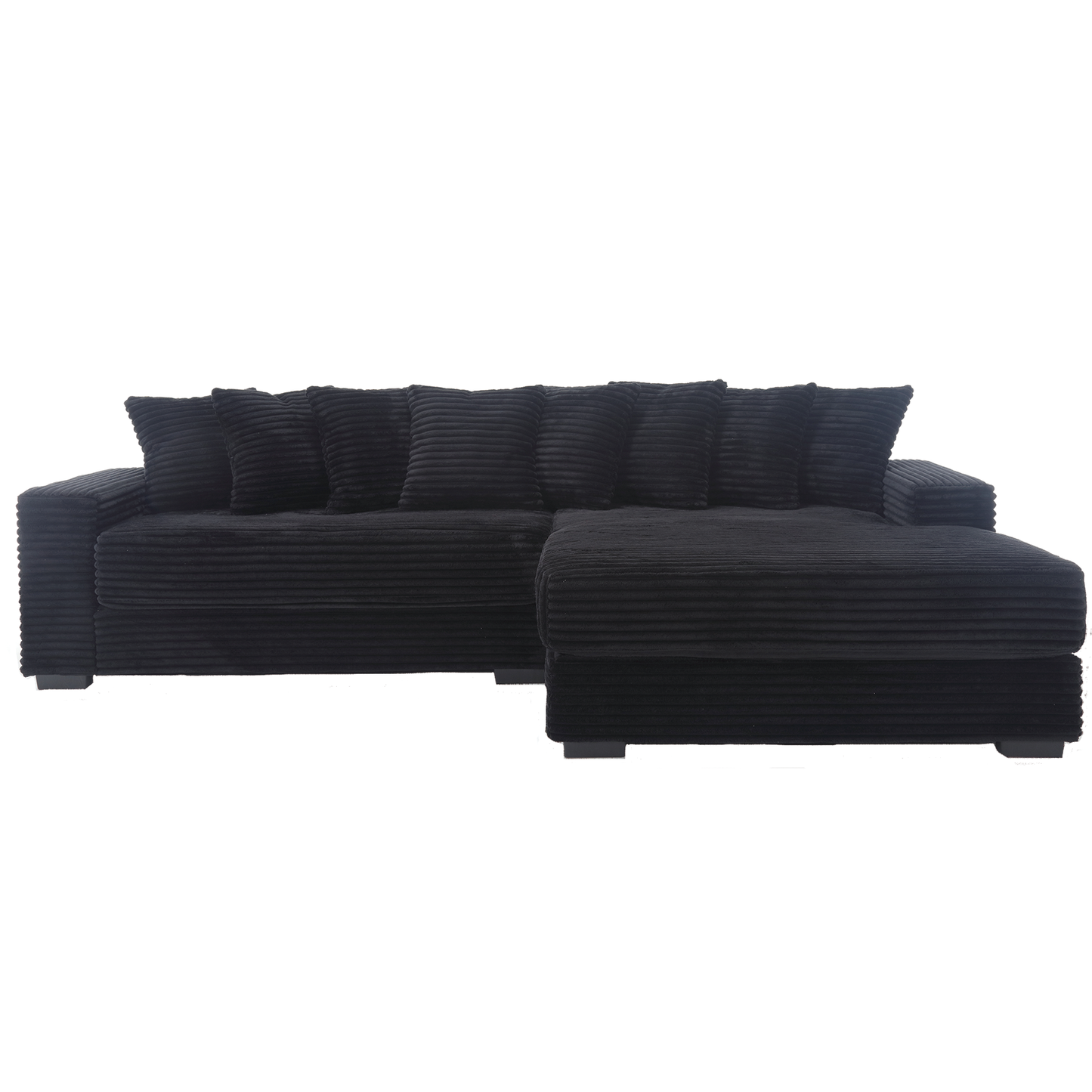 Black corduroy sectional sofa with plush cushions perfect for a cozy living room setup