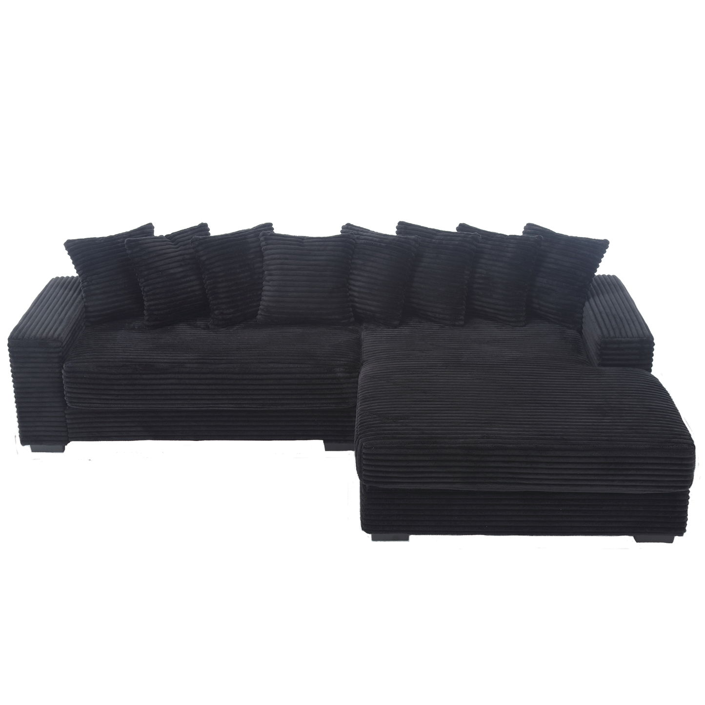 Black corduroy sectional sofa with plush accent pillows for a modern living room