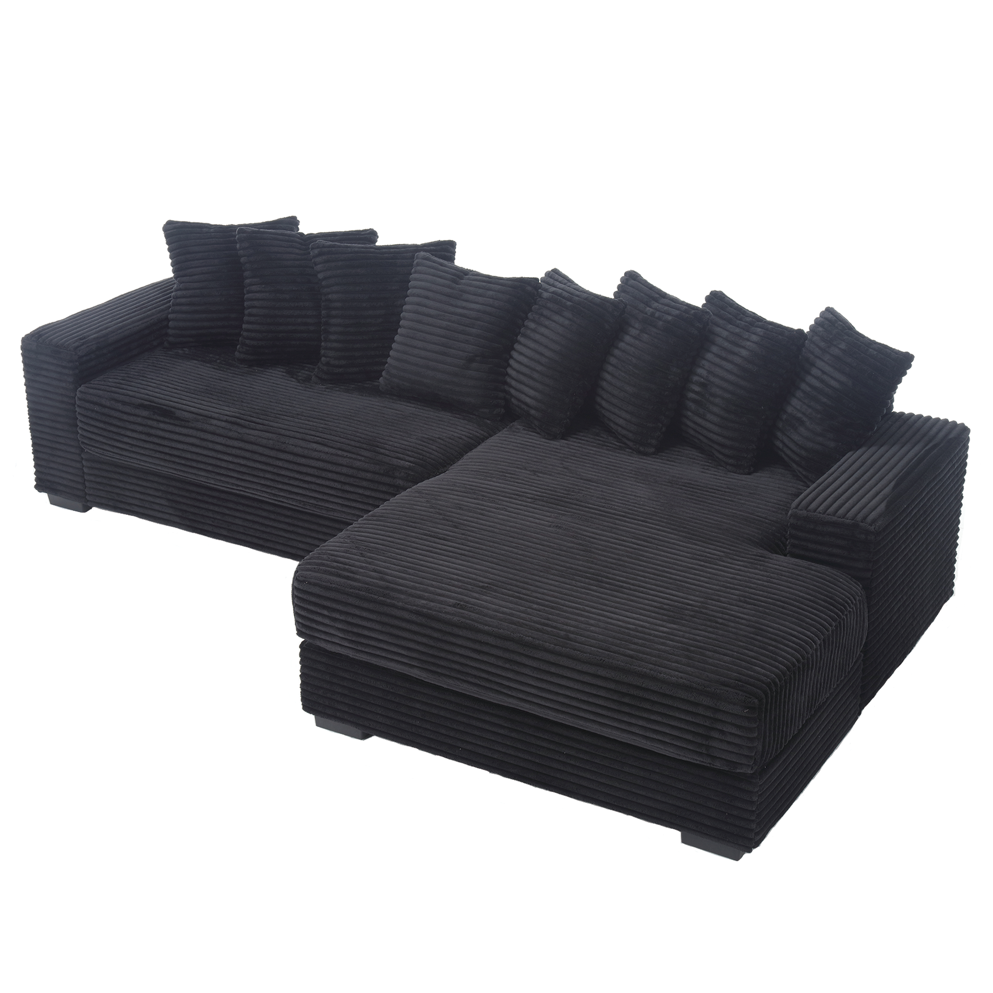 Black corduroy sectional sofa with plush throw pillows and a chaise lounge