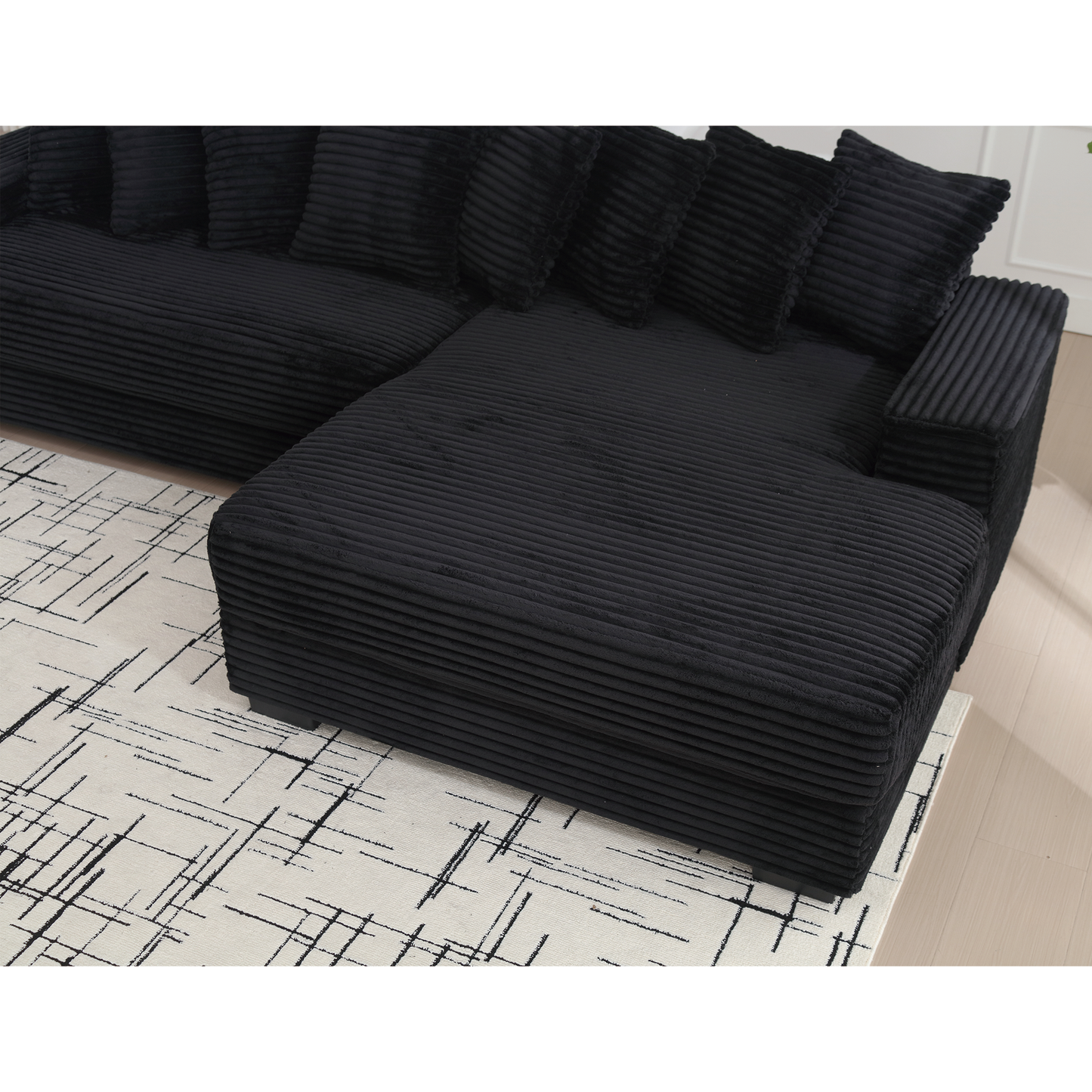 Black corduroy sectional sofa with plush cushions modern living room furniture