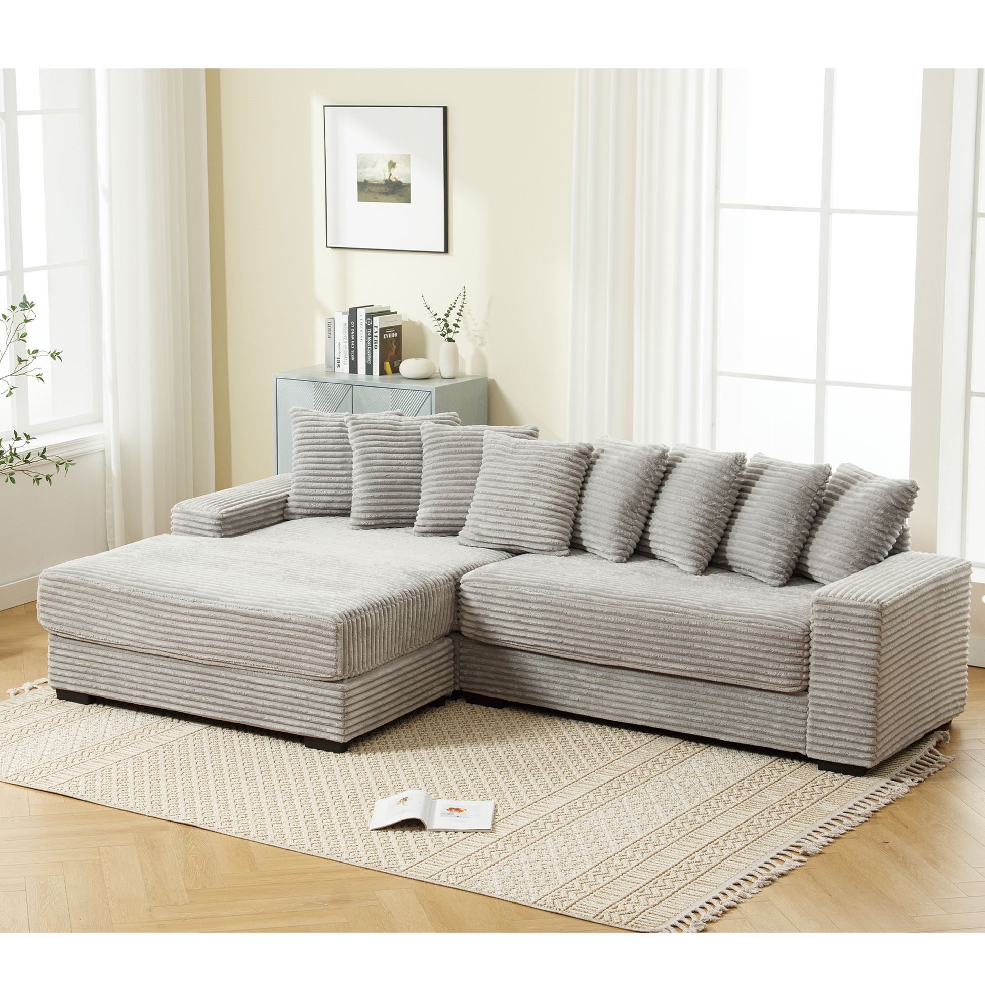 Light grey corduroy sectional sofa with plush cushions ideal for modern living rooms