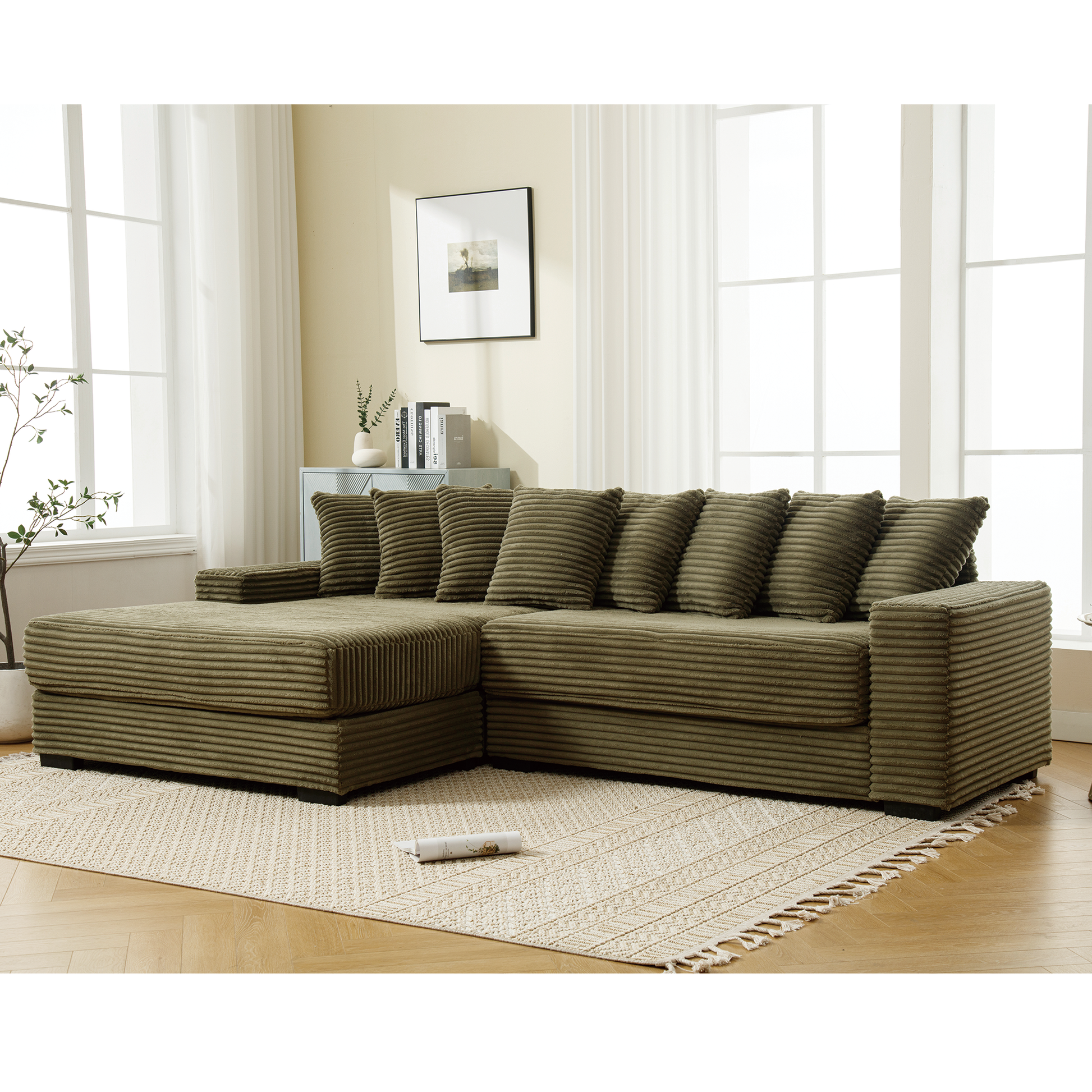 Olive green corduroy sectional sofa with plush cushions