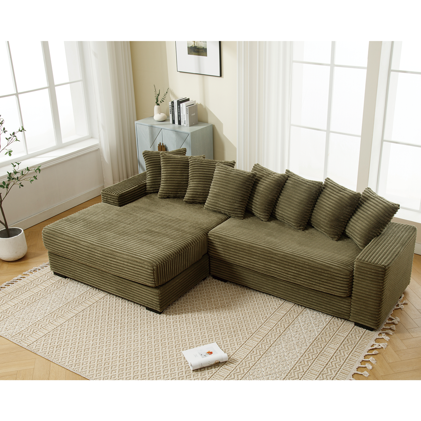 Olive green corduroy sectional sofa with plush cushions for living room comfort