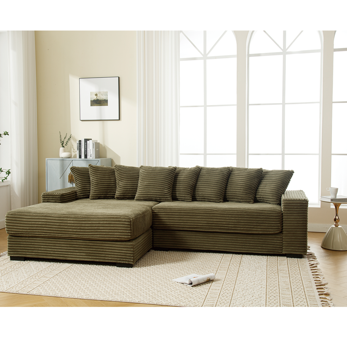 Plush corduroy sectional sofa in olive green with deep seating for maximum comfort