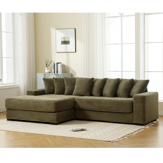Olive green corduroy sectional sofa with plush cushions and chaise perfect for modern living rooms