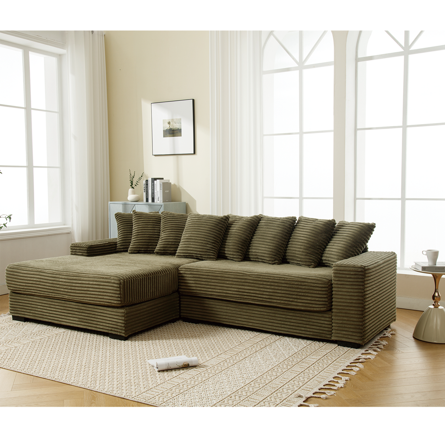 Olive green corduroy sectional sofa with plush cushions offering a cozy seating experience