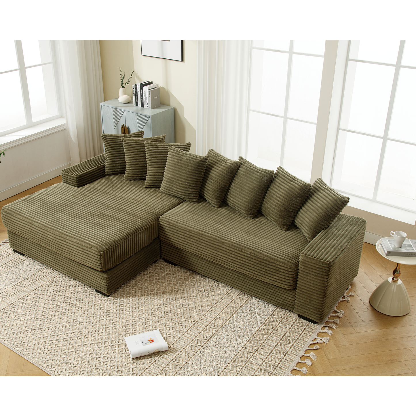 Khaki corduroy sectional sofa with plush cushions perfect for a cozy living room