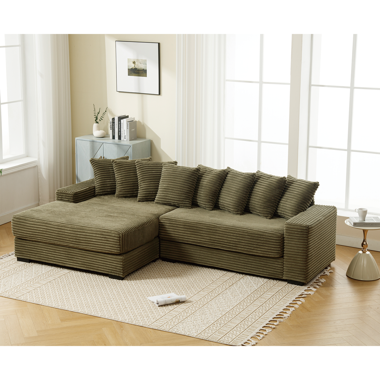 Olive green corduroy sectional sofa with five matching throw pillows perfect for living room comfort