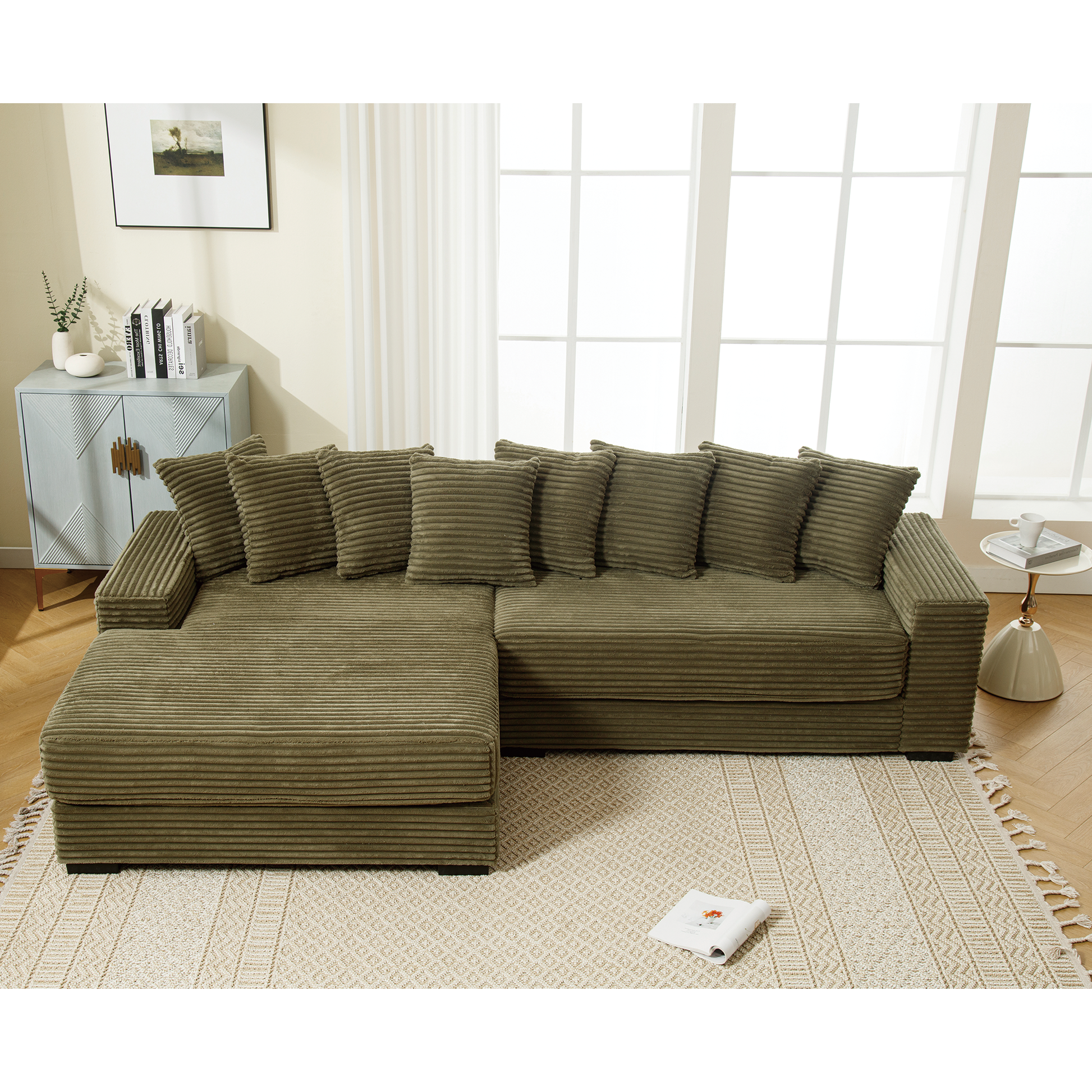 Olive green corduroy sectional sofa with plush pillows perfect for modern living rooms
