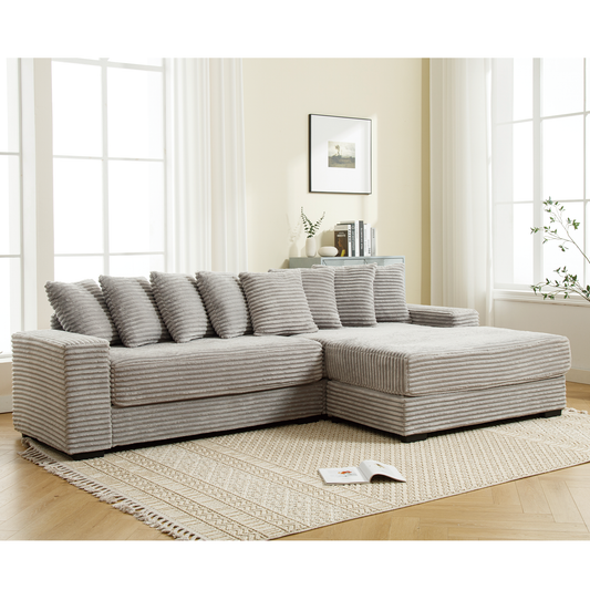 Plush corduroy sectional sofa in light grey with plush ribbed cushions