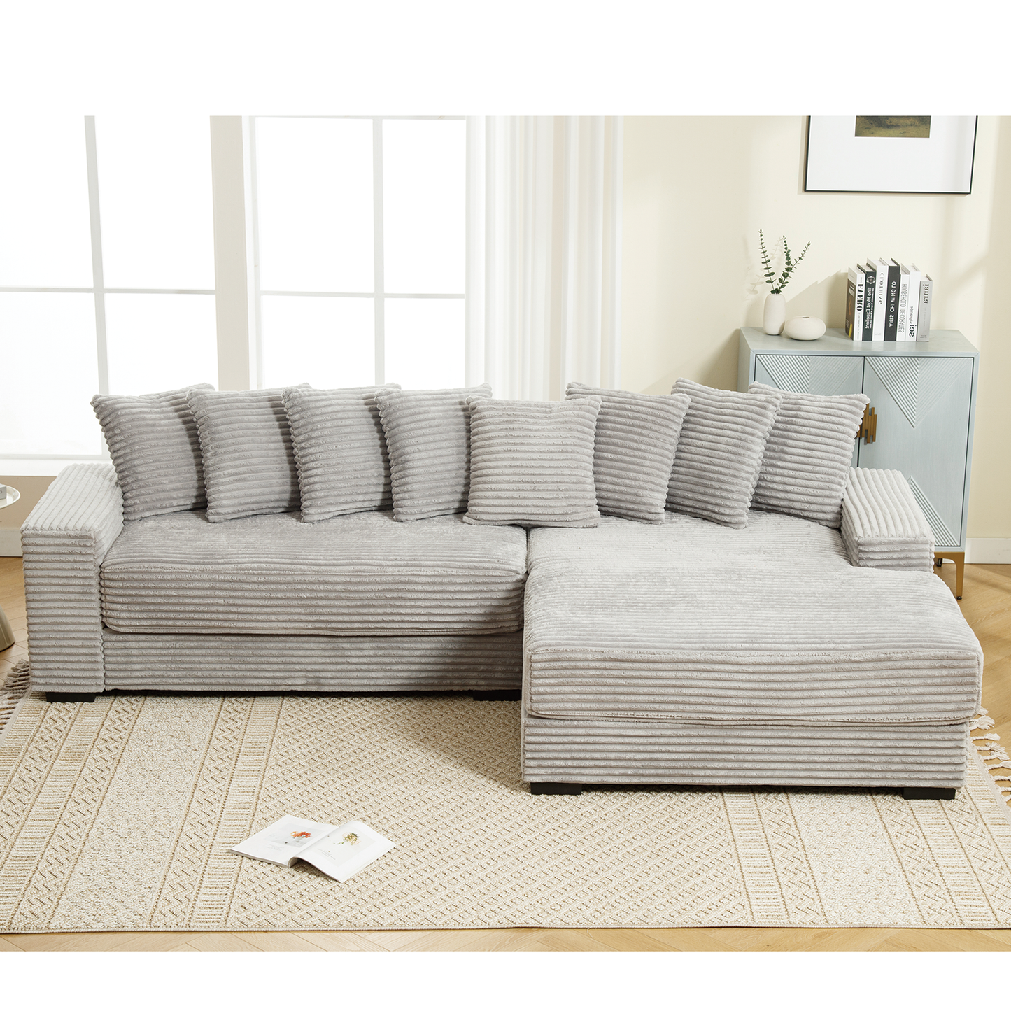Light gray corduroy sectional sofa with plush cushions modern living room furniture