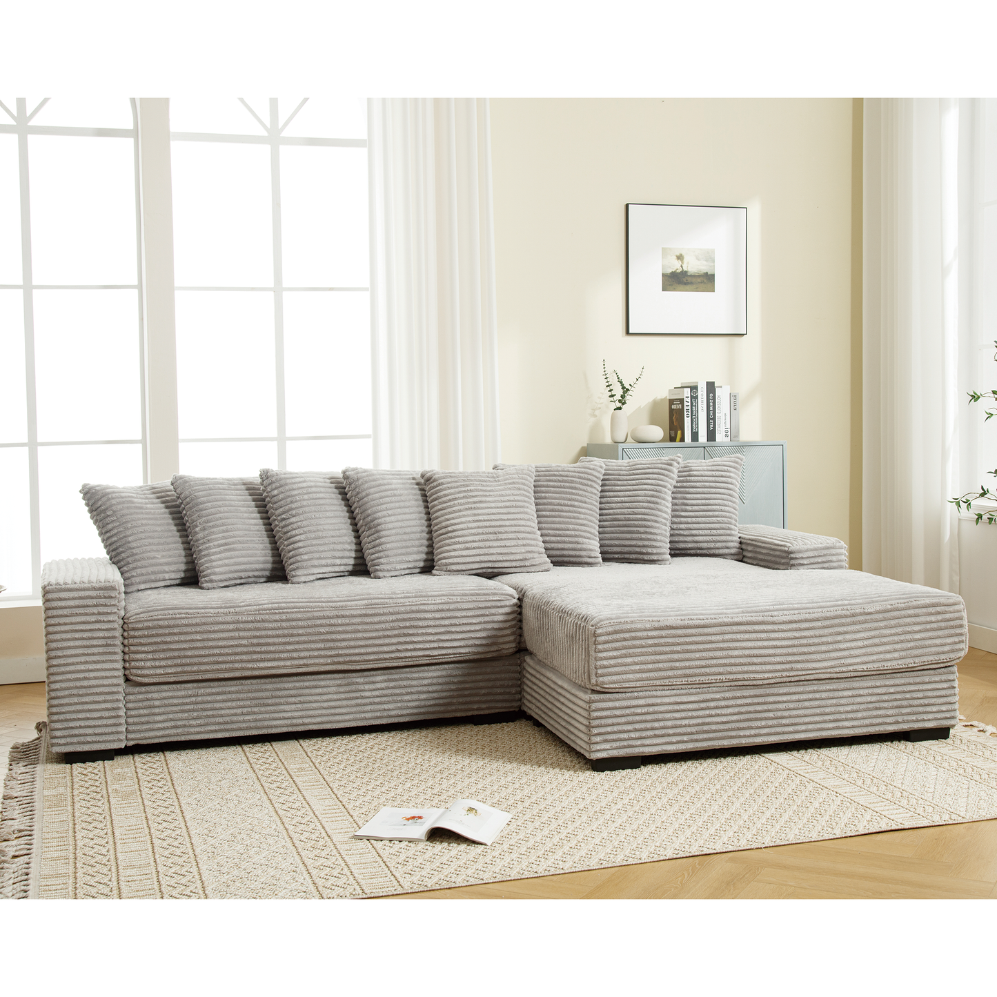 Gray corduroy sectional sofa with plush cushions ideal for living room comfort