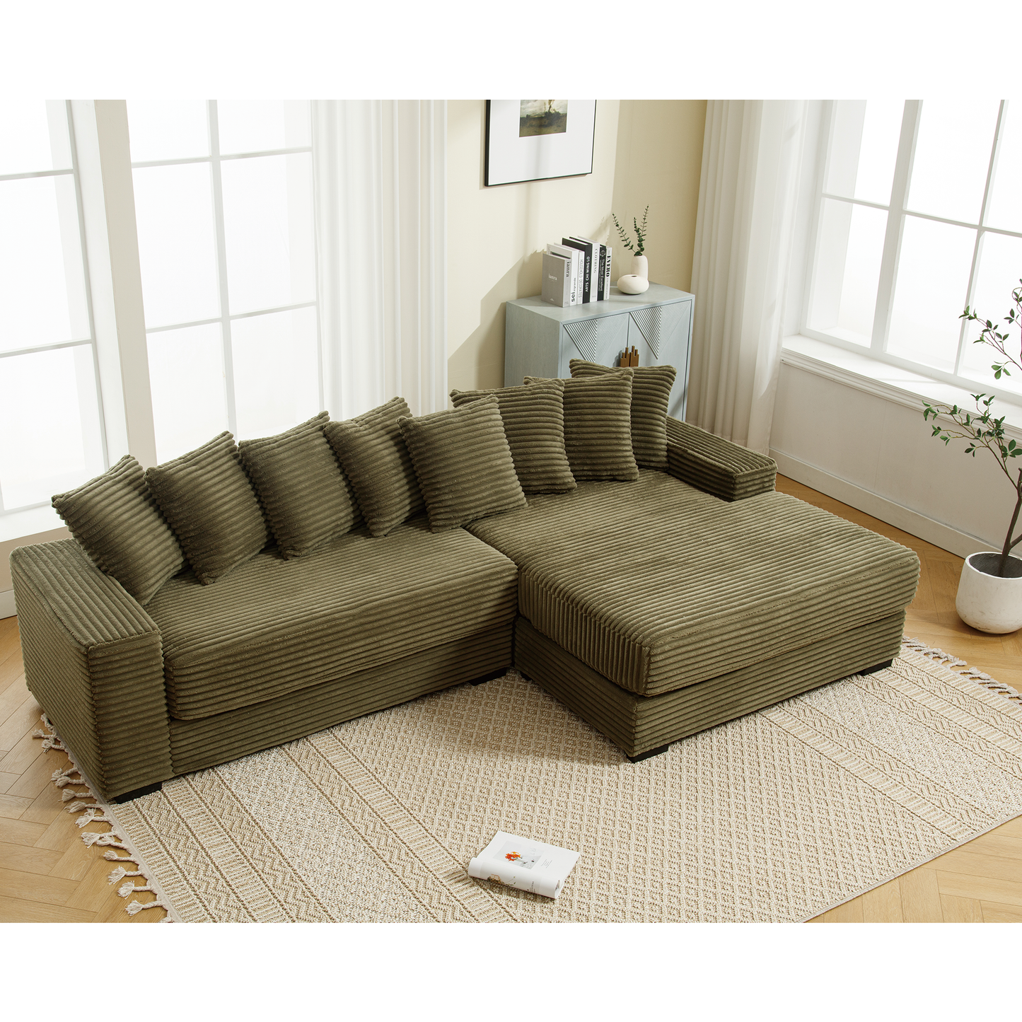 Olive green corduroy sectional sofa with plush cushions perfect for modern living rooms