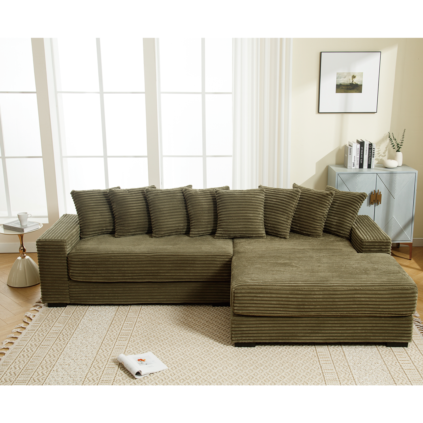 Olive green corduroy sectional sofa with plush cushions perfect for modern living rooms