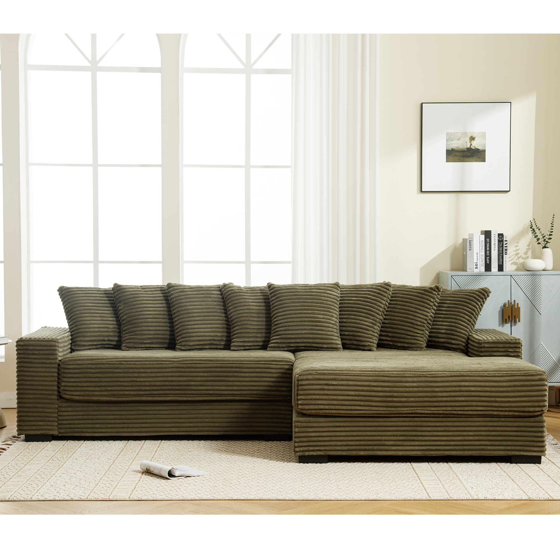 Olive green corduroy sectional sofa with plush pillows perfect for modern living rooms
