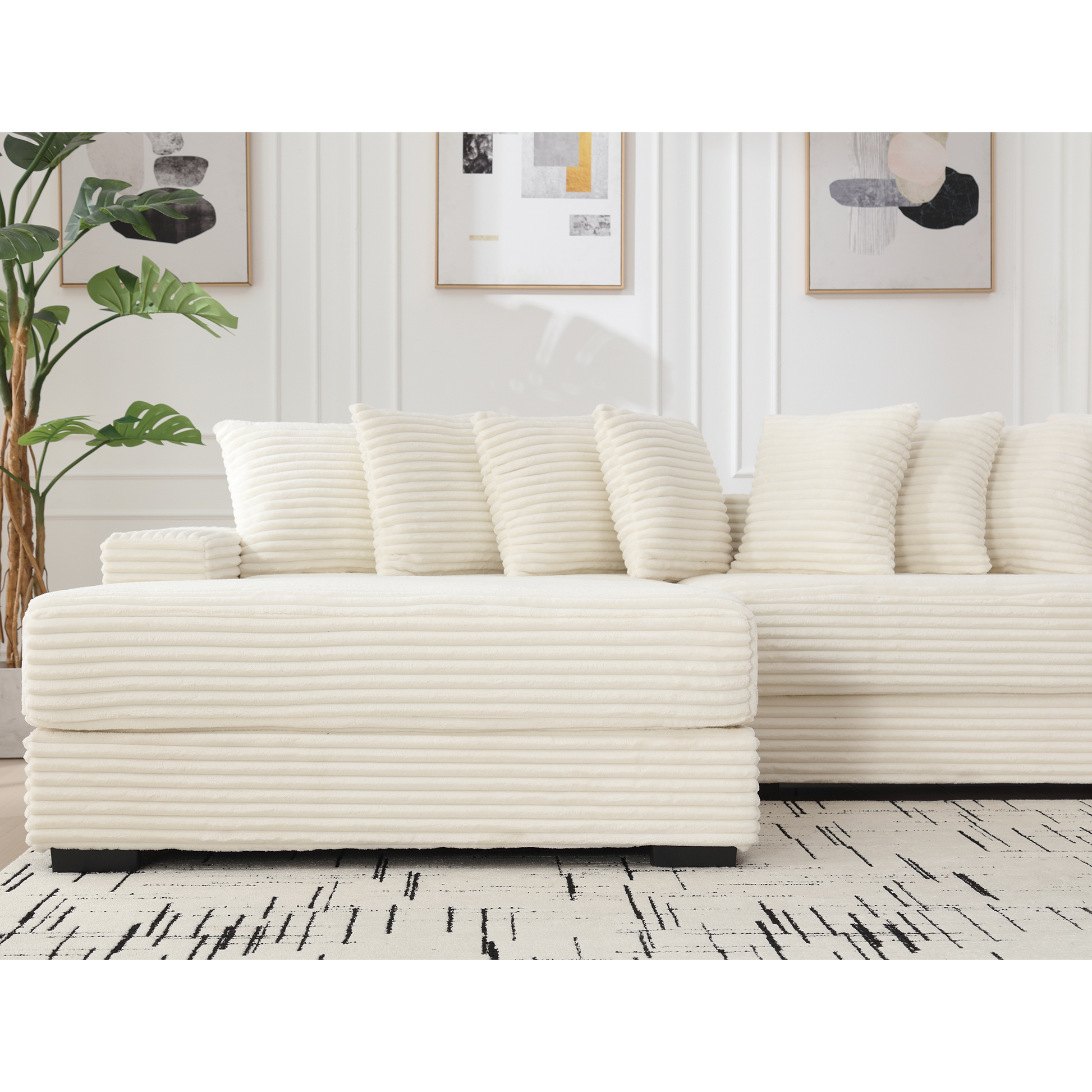 Plush cream corduroy sectional sofa with soft textured cushions