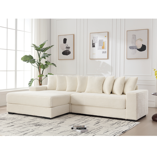 Cream corduroy sectional sofa with plush cushions ideal for a modern living room