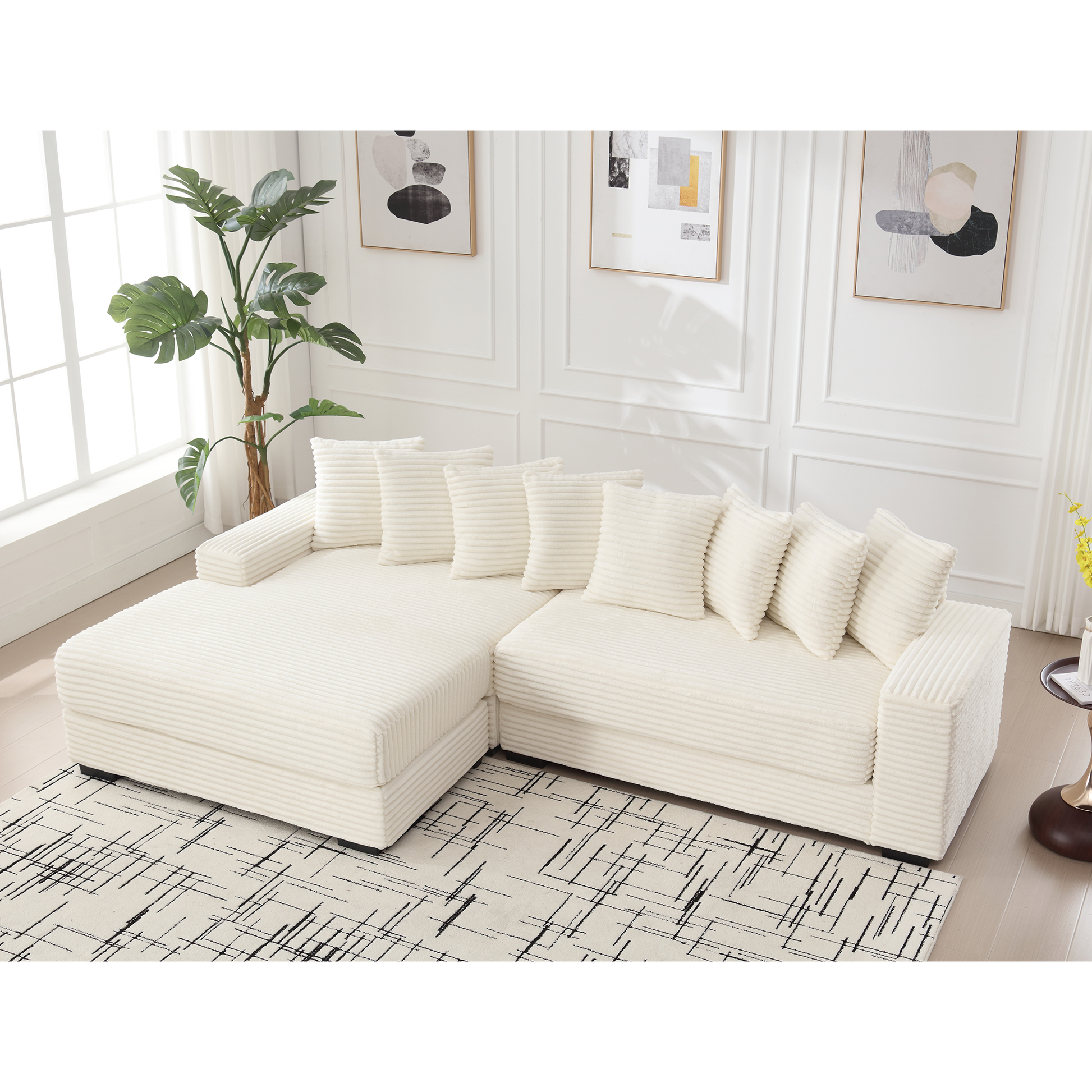 Cream corduroy sectional sofa with plush throw pillows ideal for modern living rooms