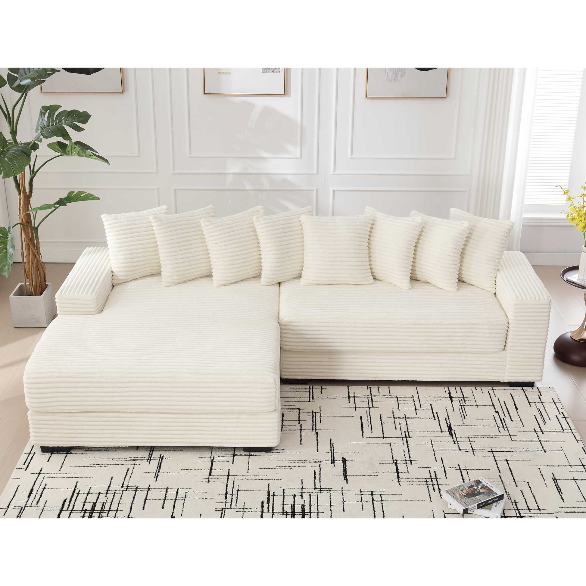 Plush cream corduroy sectional sofa with matching throw pillows perfect for cozy living rooms