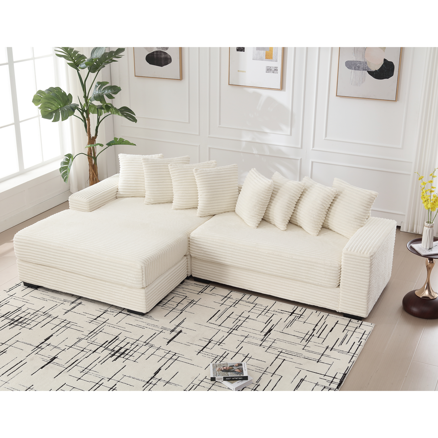 Cream corduroy sectional sofa with plush cushions and a modern design for living rooms