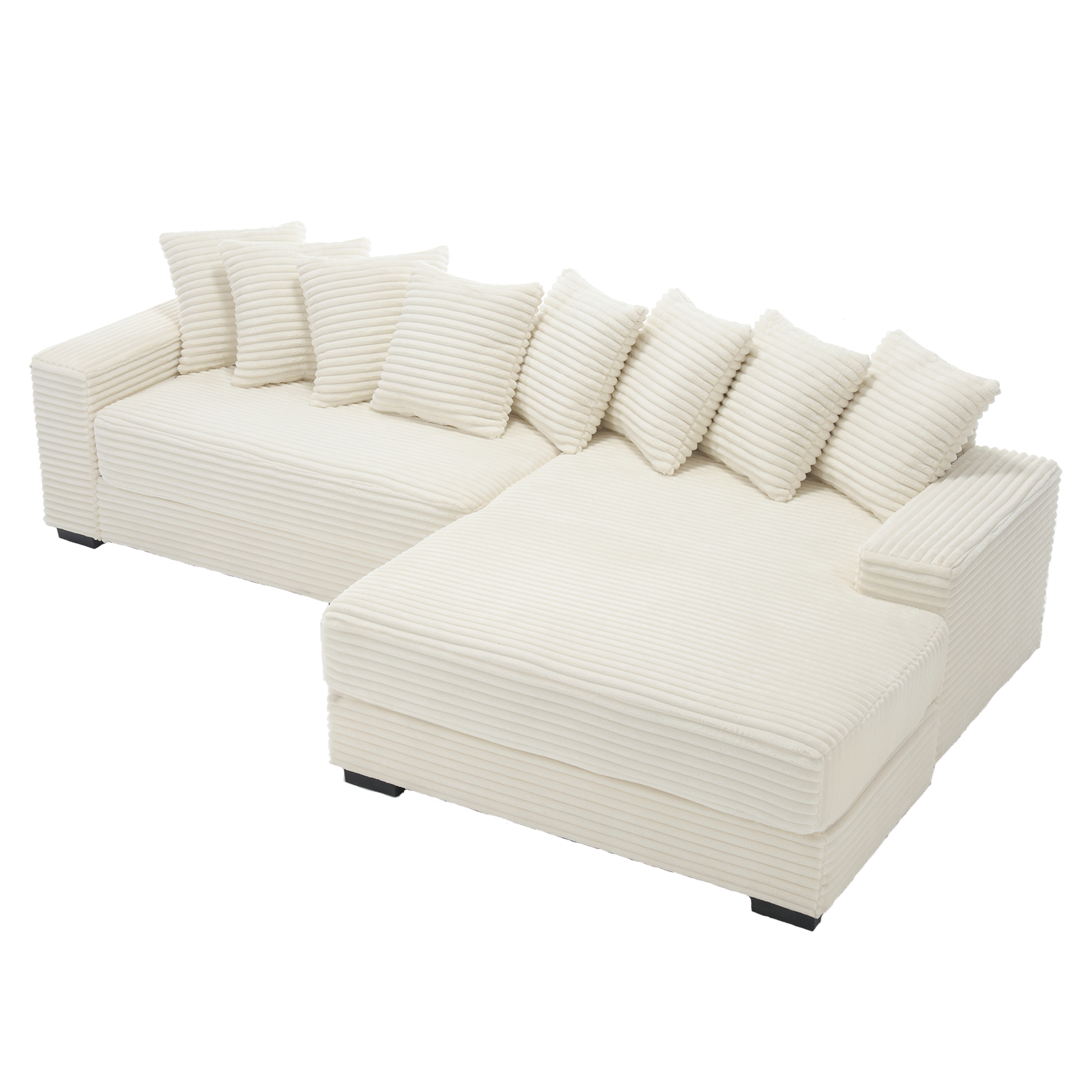 Cream corduroy sectional sofa with plush accent pillows for a cozy living room