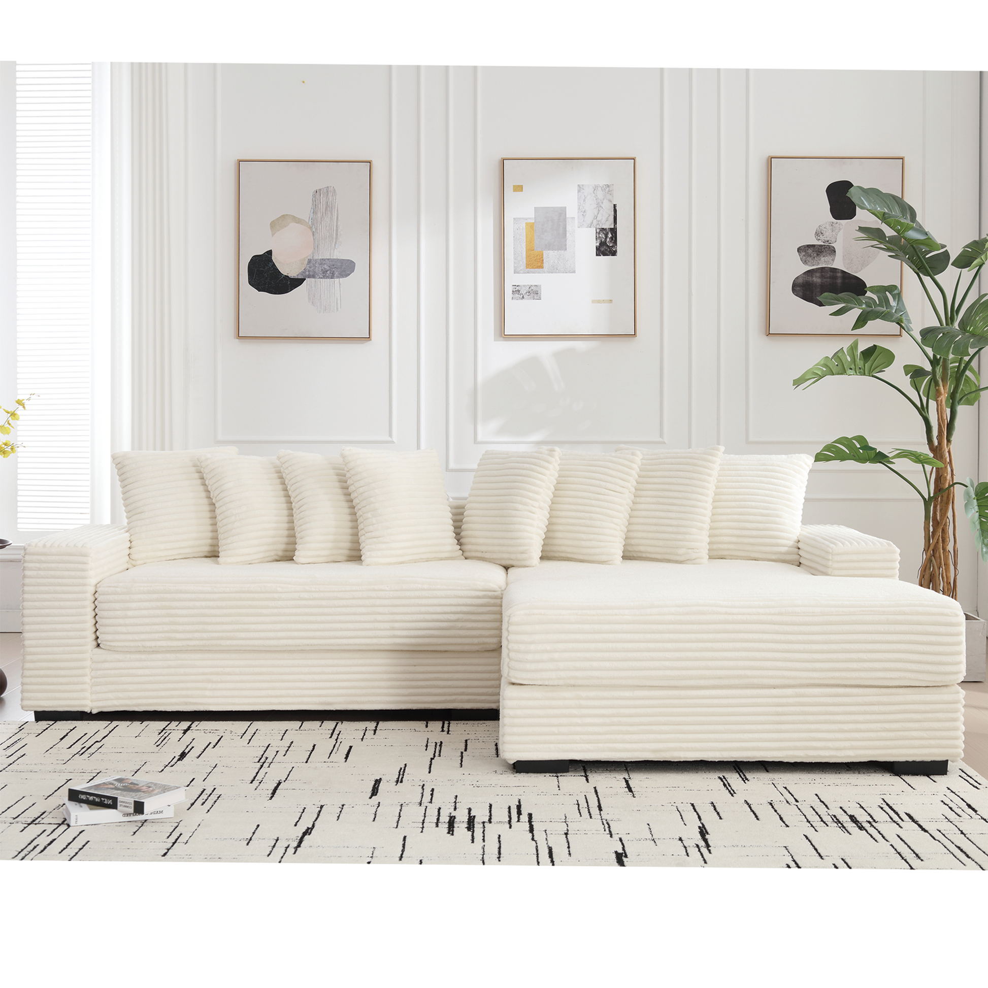 Plush cream corduroy sectional sofa with matching throw pillows perfect for a modern living room