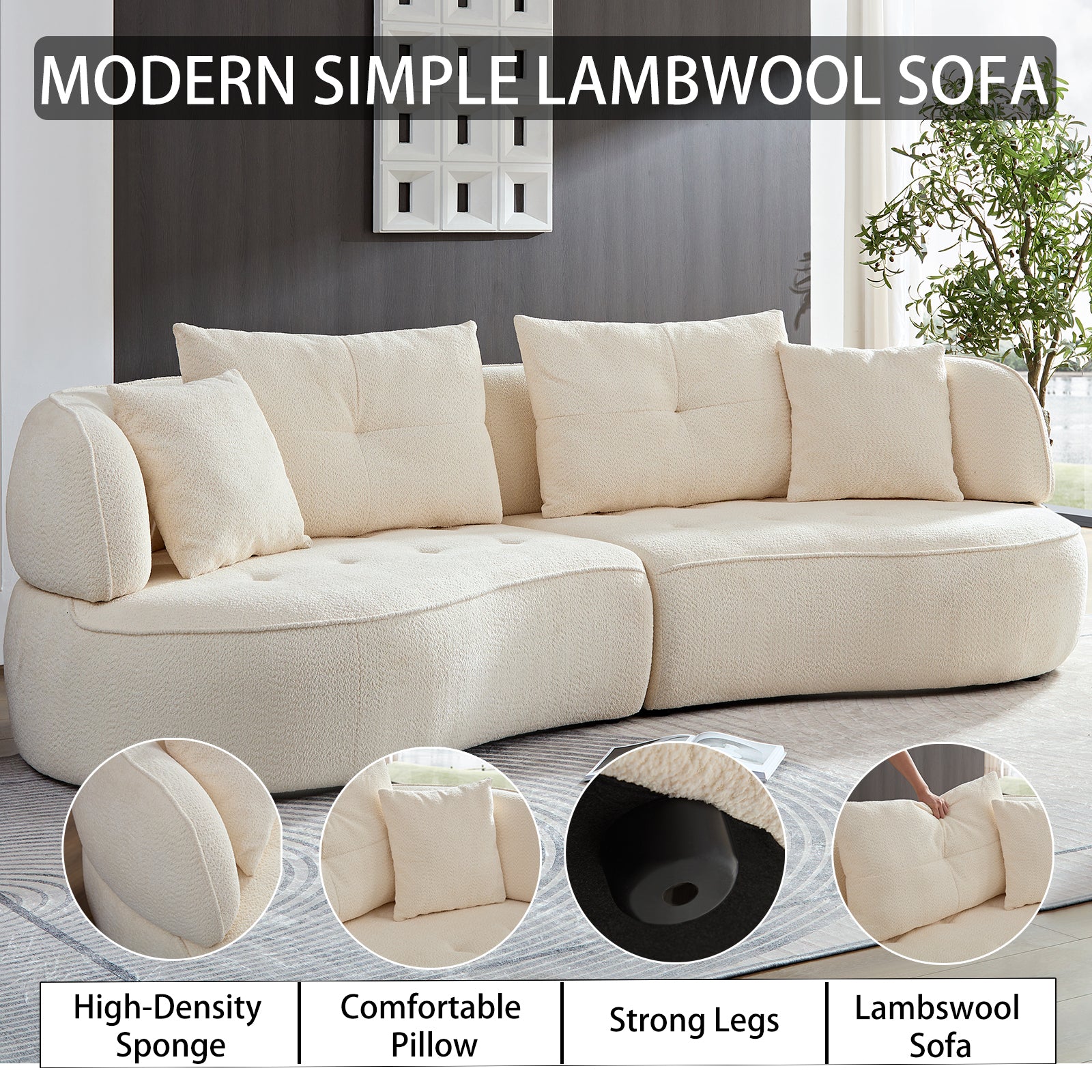 Cream lambwool sectional sofa with plush cushions and rounded arms ideal for modern living spaces