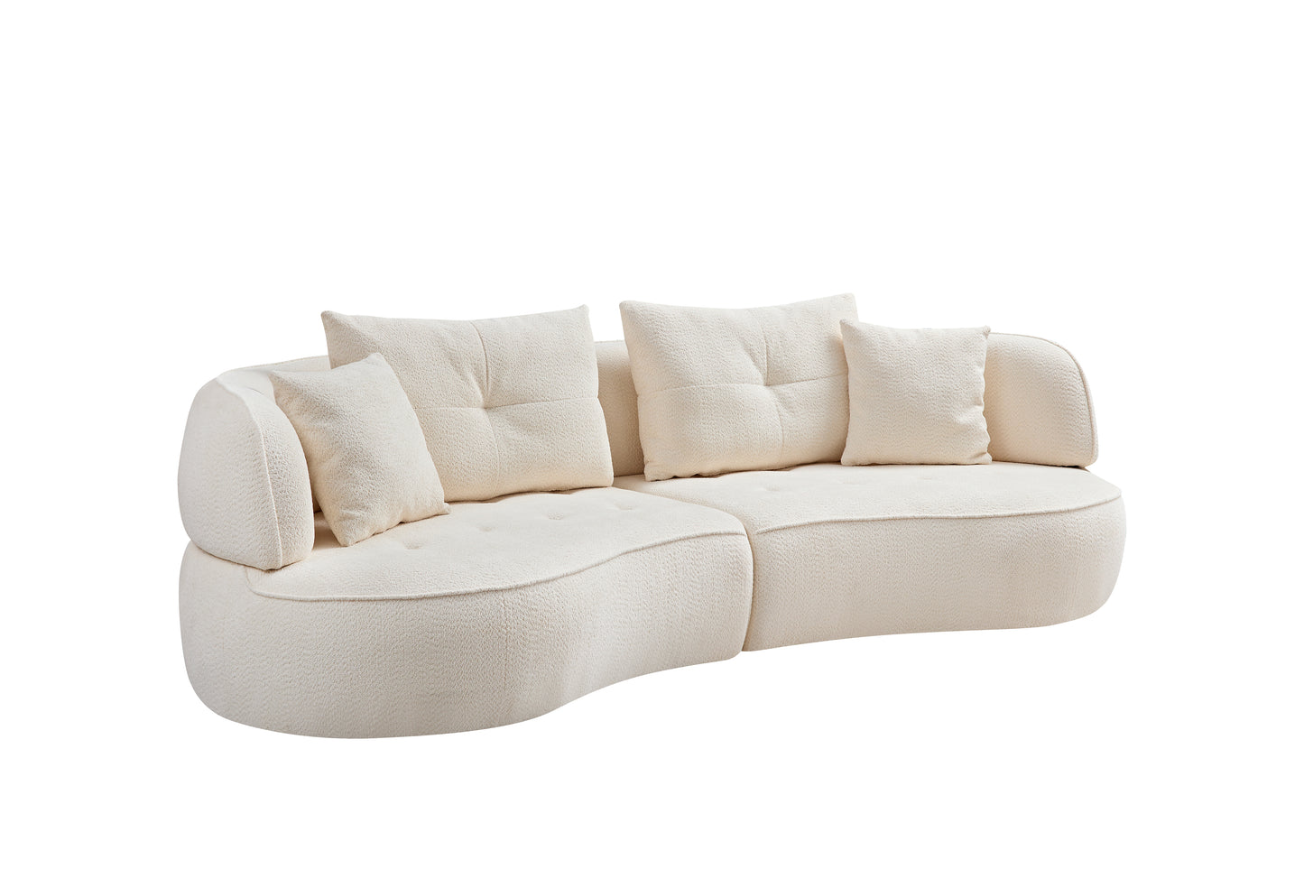 Plush boucle cream curved sofa with square tufted back pillows