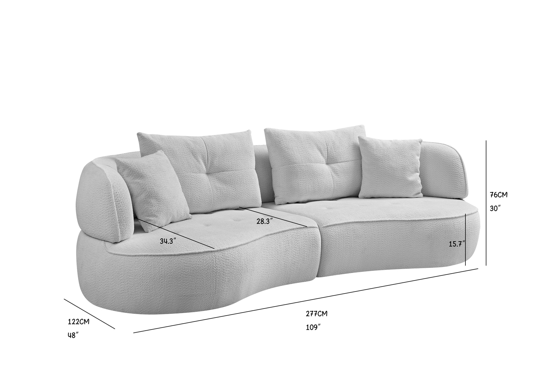 Curved boucle sofa in light gray with plush throw pillows and modern design