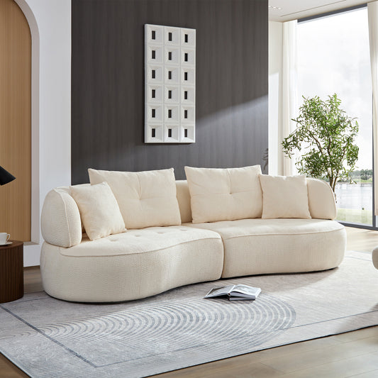 Cream boucle fabric curved sectional sofa with plush cushions and modern design