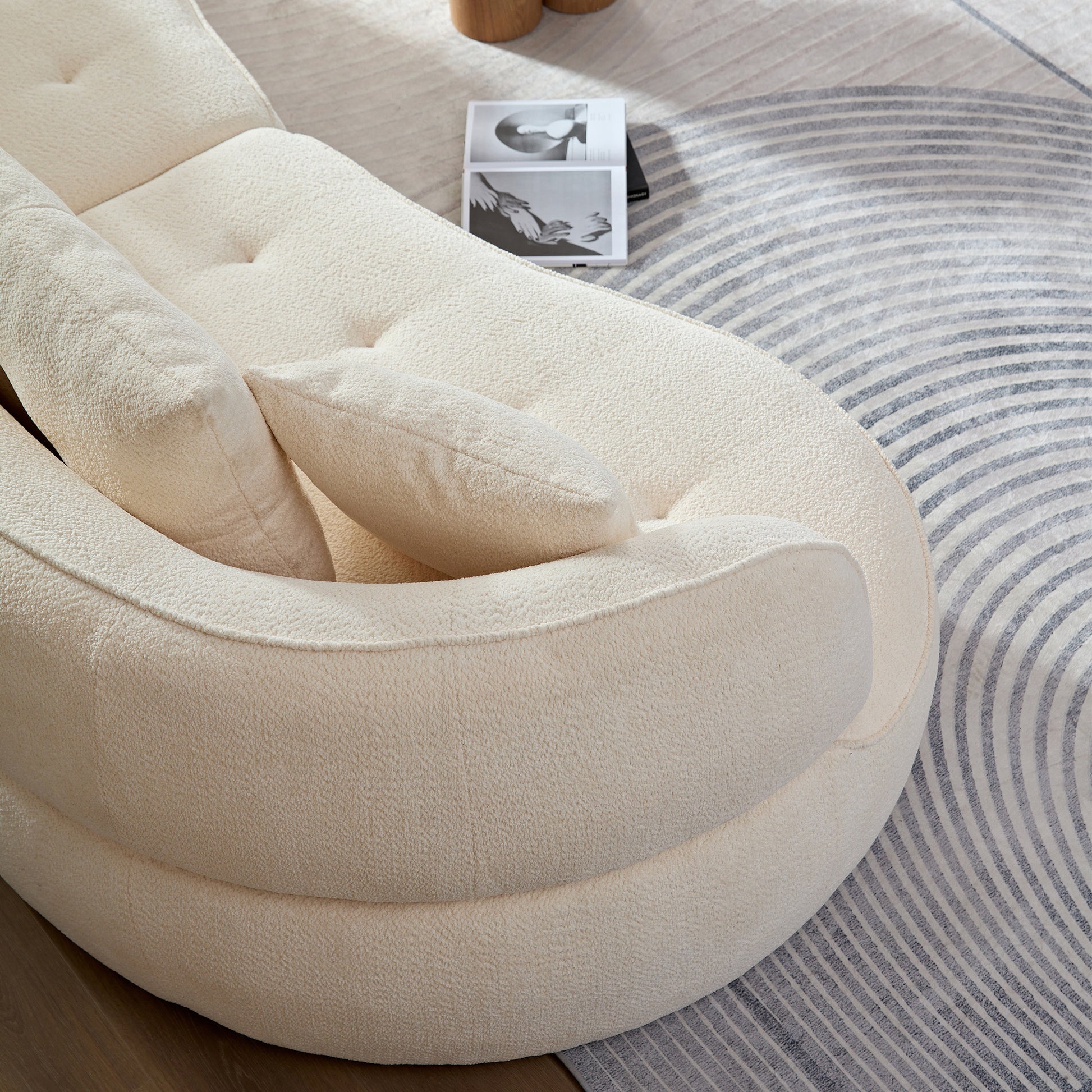Cream boucle swivel chair with tufted cushions ideal for living room accent