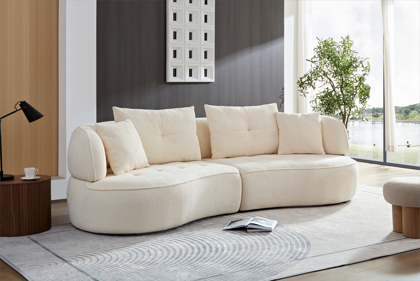 Plush cream boucle sectional sofa with plush square cushions designed for modern living rooms