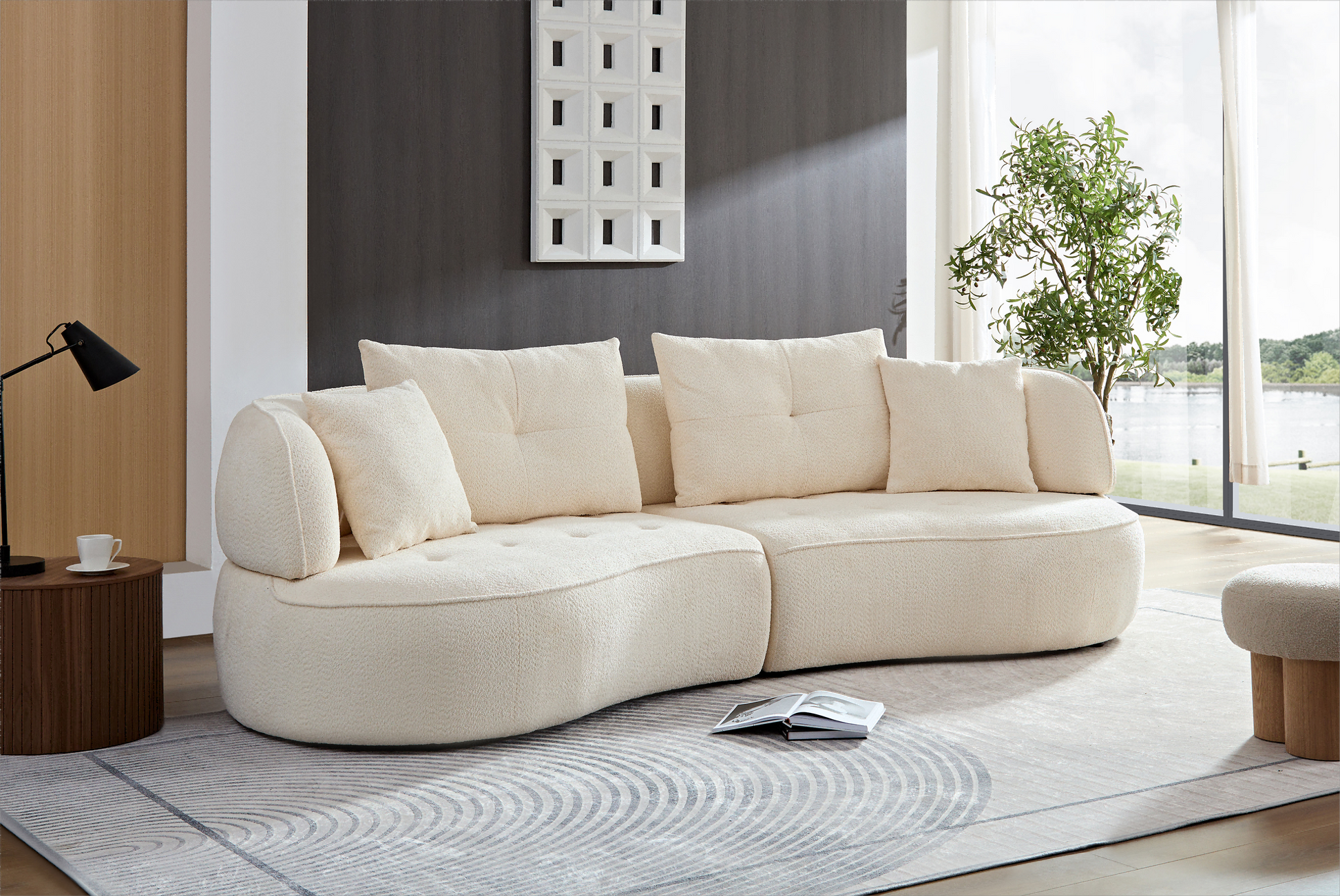 Plush cream boucle sectional sofa with plush square cushions designed for modern living rooms