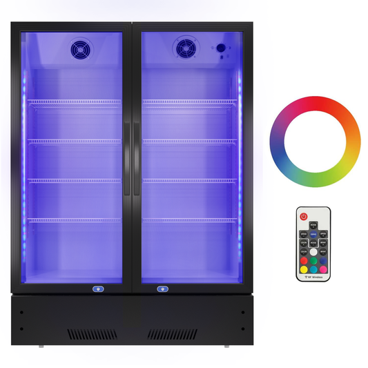 Black doubledoor beverage cooler with internal purple LED lighting and adjustable shelves