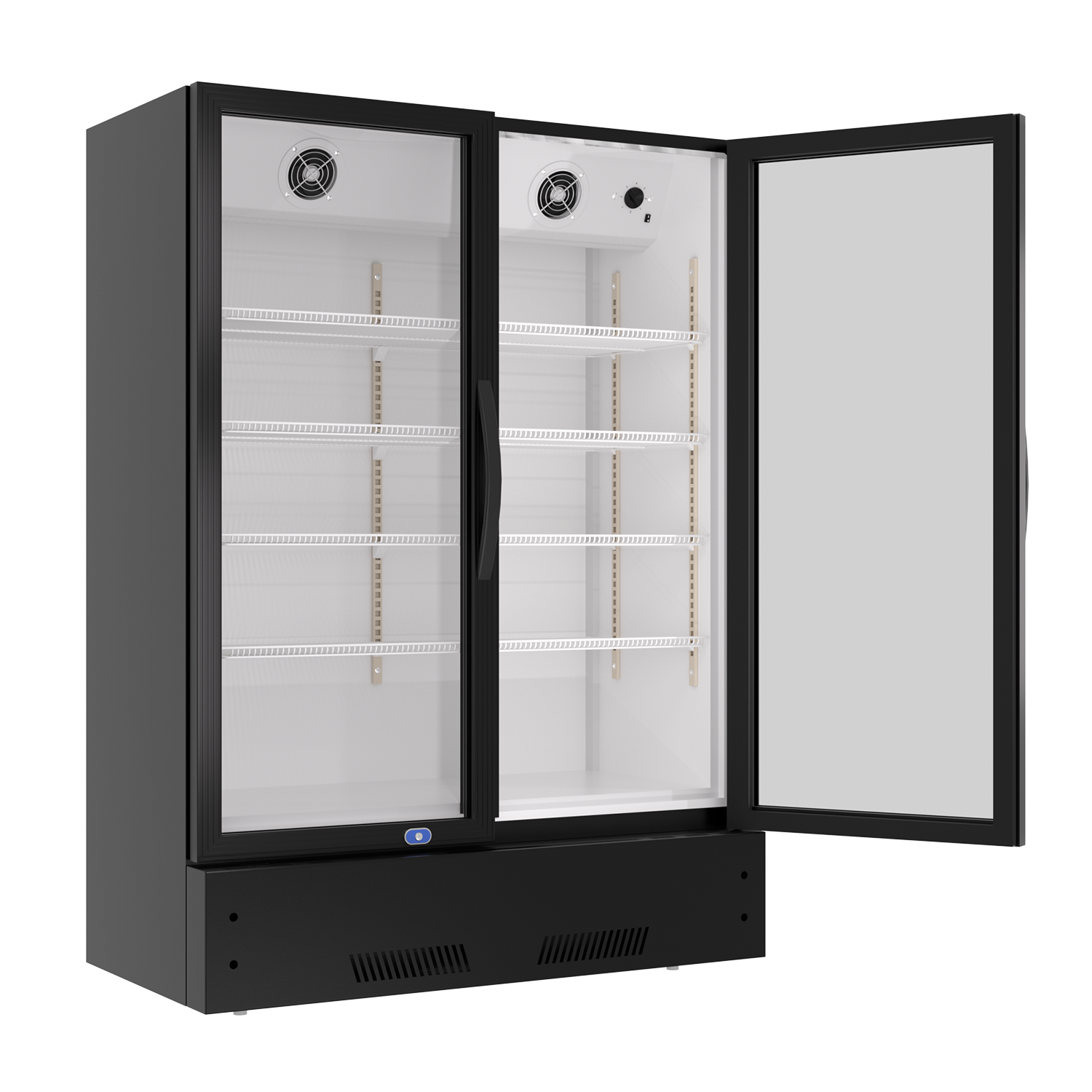 Black doubledoor commercial refrigerator with glass front and adjustable shelves