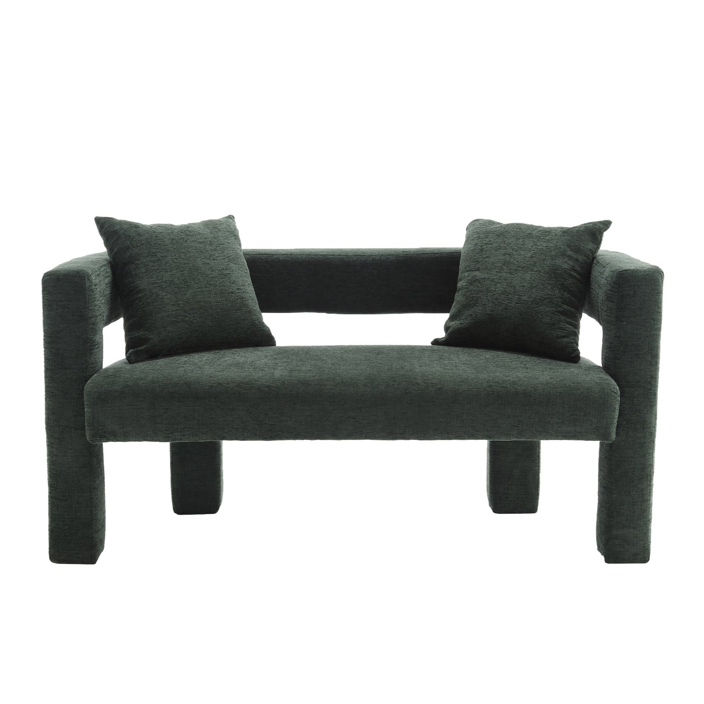 Modern dark green armchair with textured fabric and two complementary throw pillows