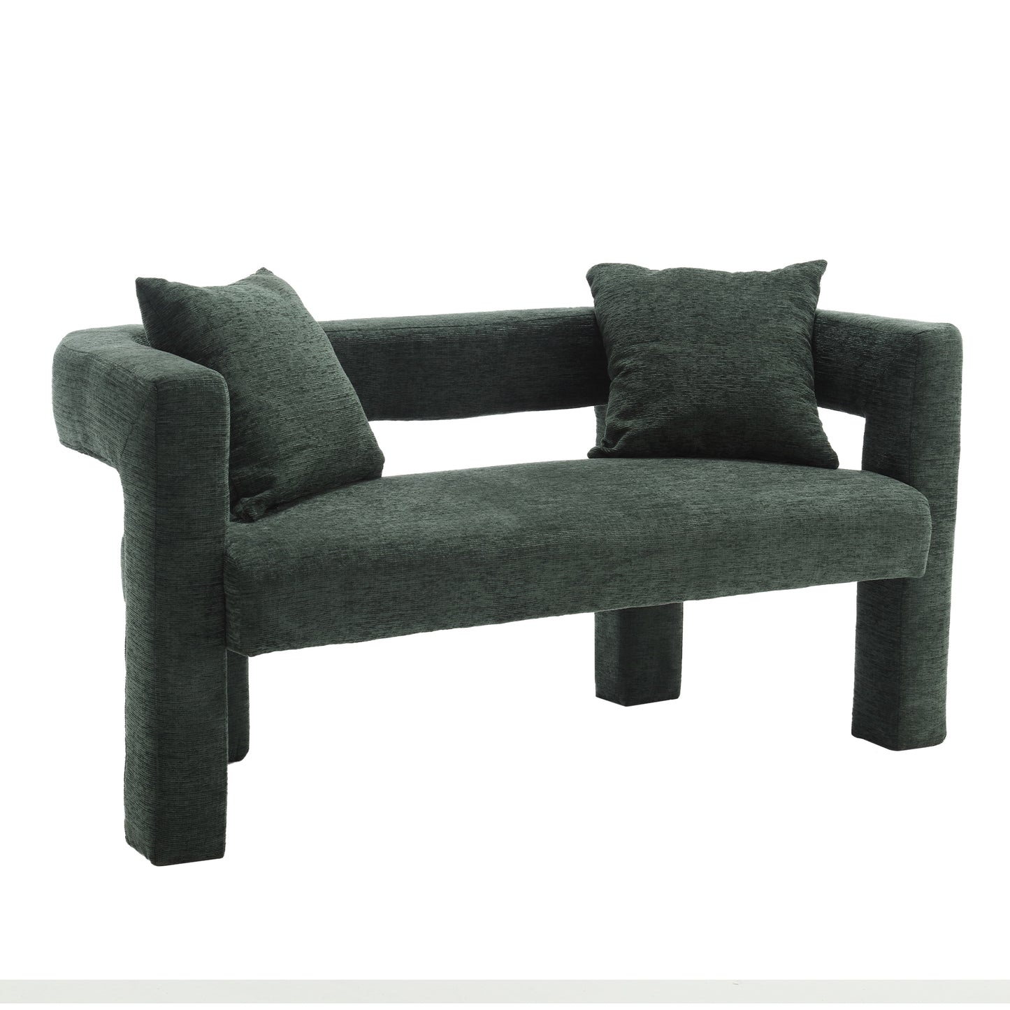 Dark green textured fabric sofa with two matching throw pillows for a modern living room