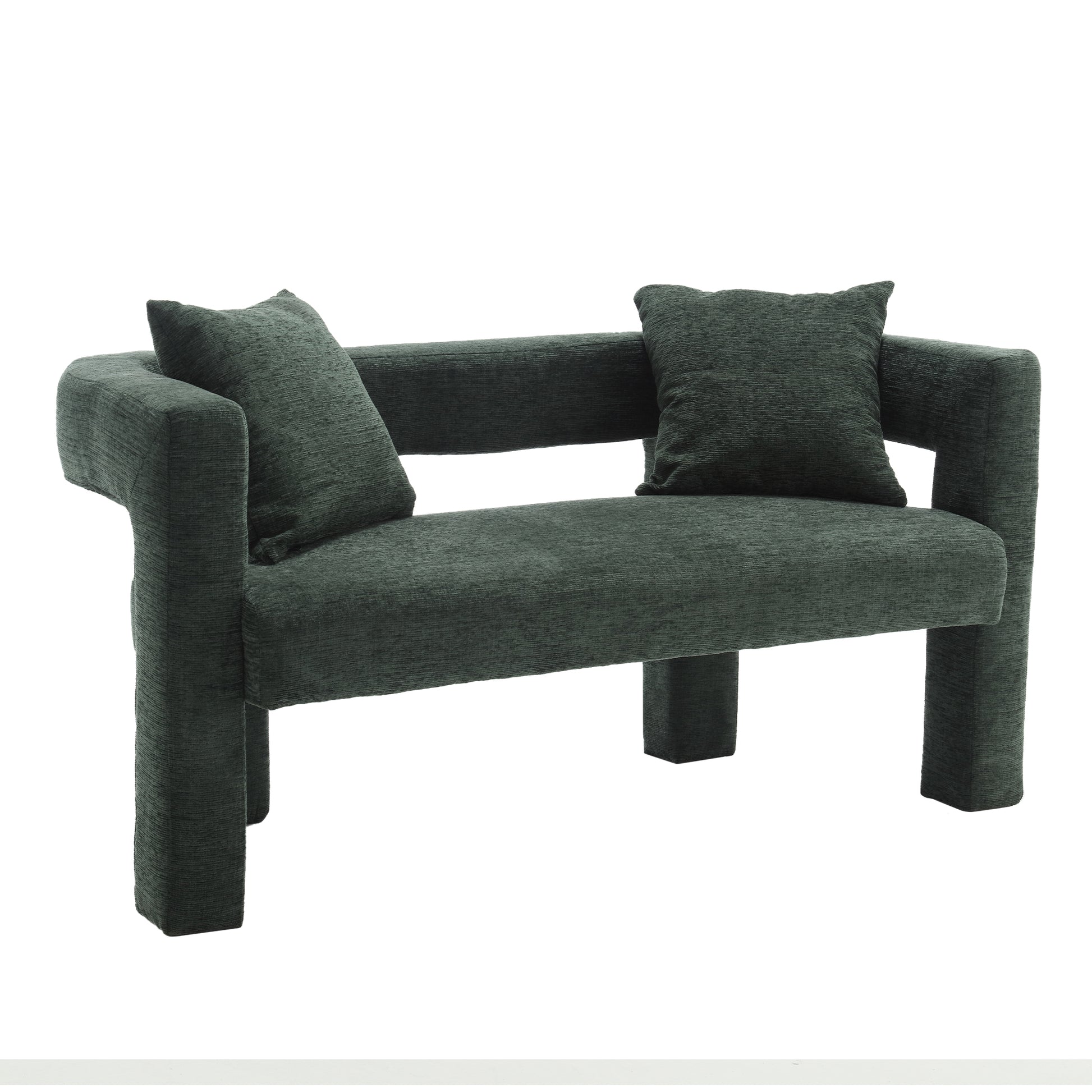 Dark green textured fabric sofa with two matching throw pillows for a modern living room