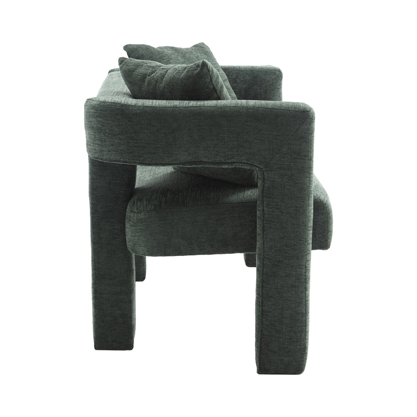Dark green textured fabric armchair with plush cushions modern design