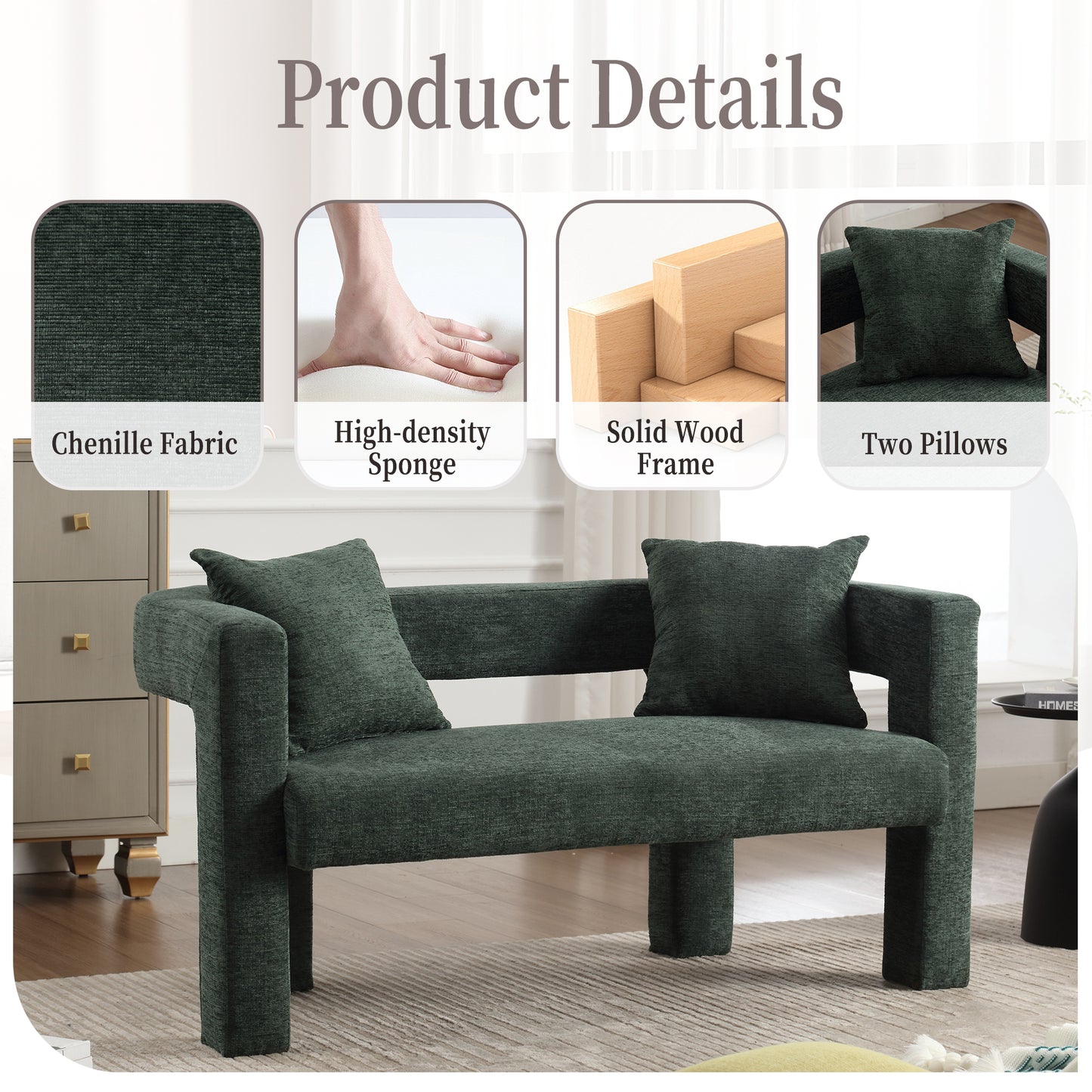 Dark green chenille fabric armchair with plush pillows and a solid wood frame