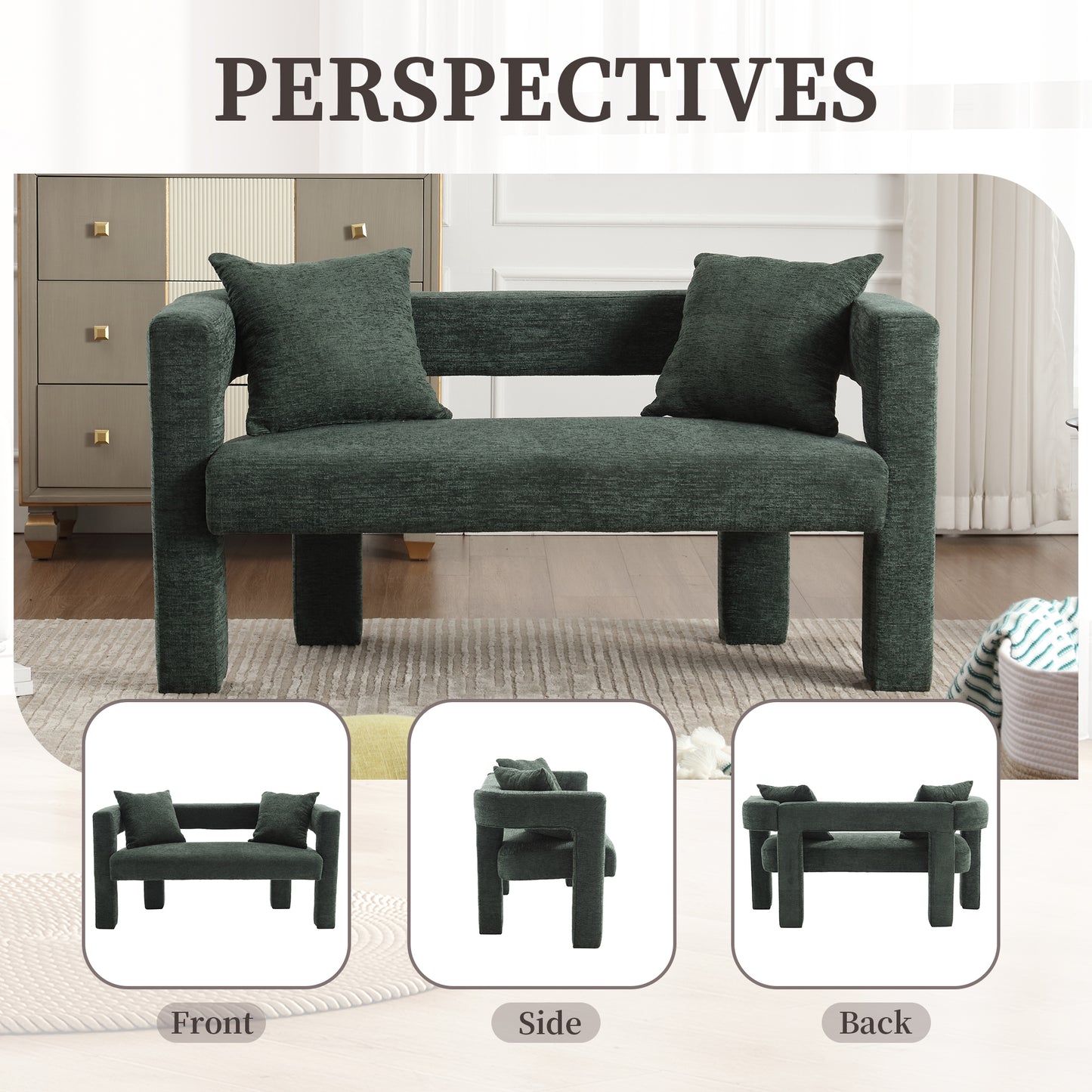Dark green fabric sofa with square legs and matching throw pillows