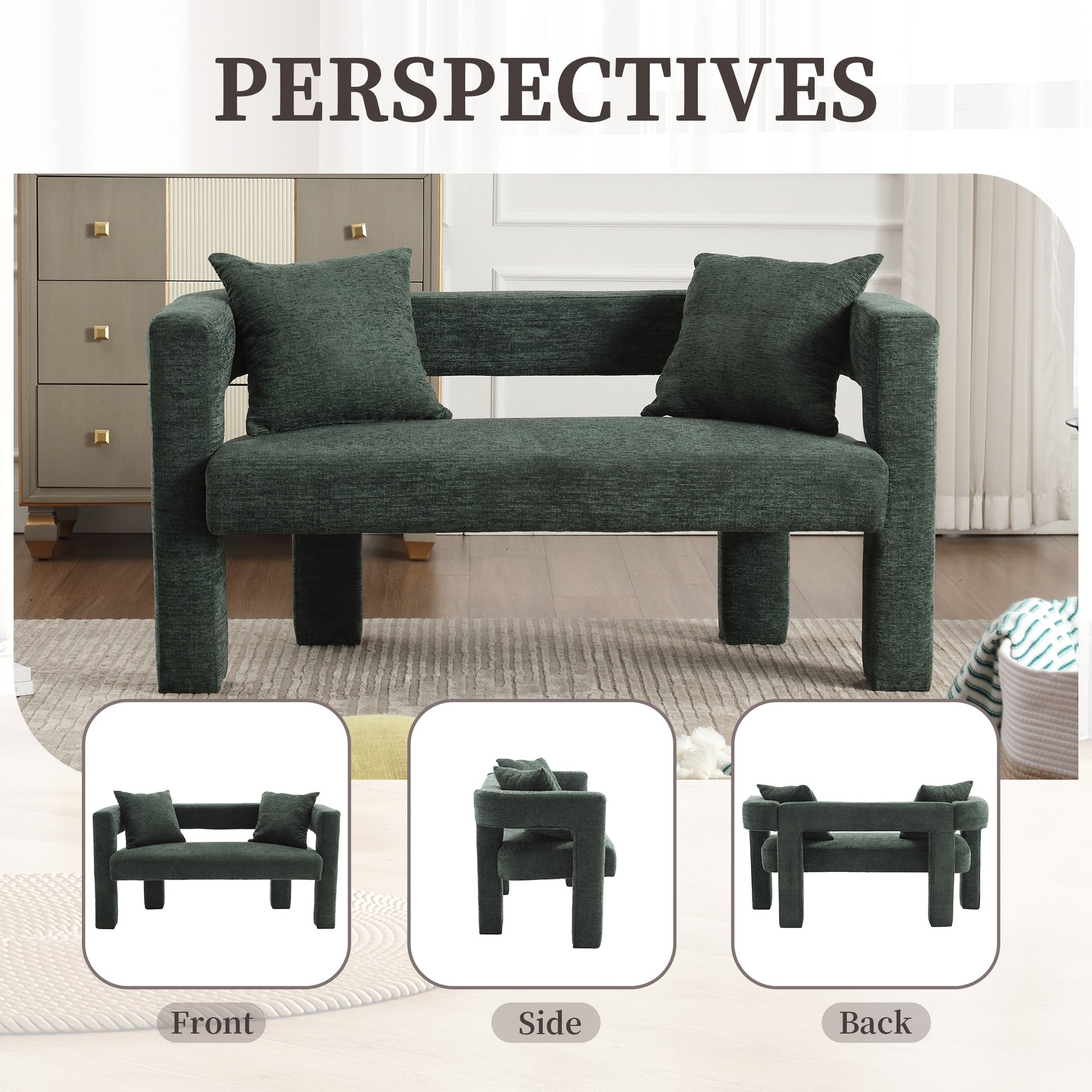 Dark green fabric sofa with square legs and matching throw pillows