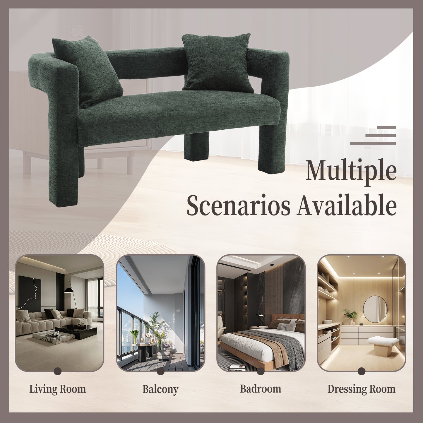 Dark green upholstered bench with a modern blockstyle design and included pillow
